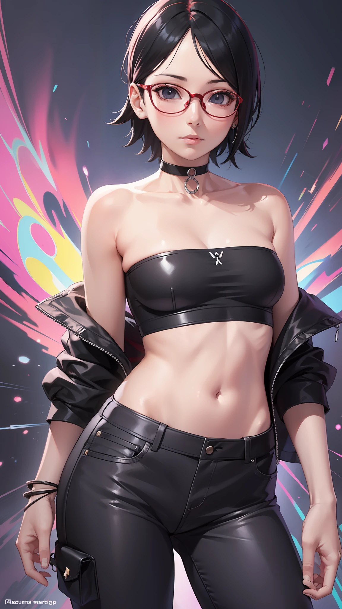 ((Matserpiece)), best quality, highres, Sarada, age up, mature, adult, time skip, sort hair, thin glasses, bare shoulder, black jacket, tube top, black tube top, simple back grounr, sexy pose, black eyes, black hair, close up, earing, collarbone, uchiha symbol earing, very short hair, tomboy hair, tomboy, long tube top, choker, (boruto two blue vortex), long pants,