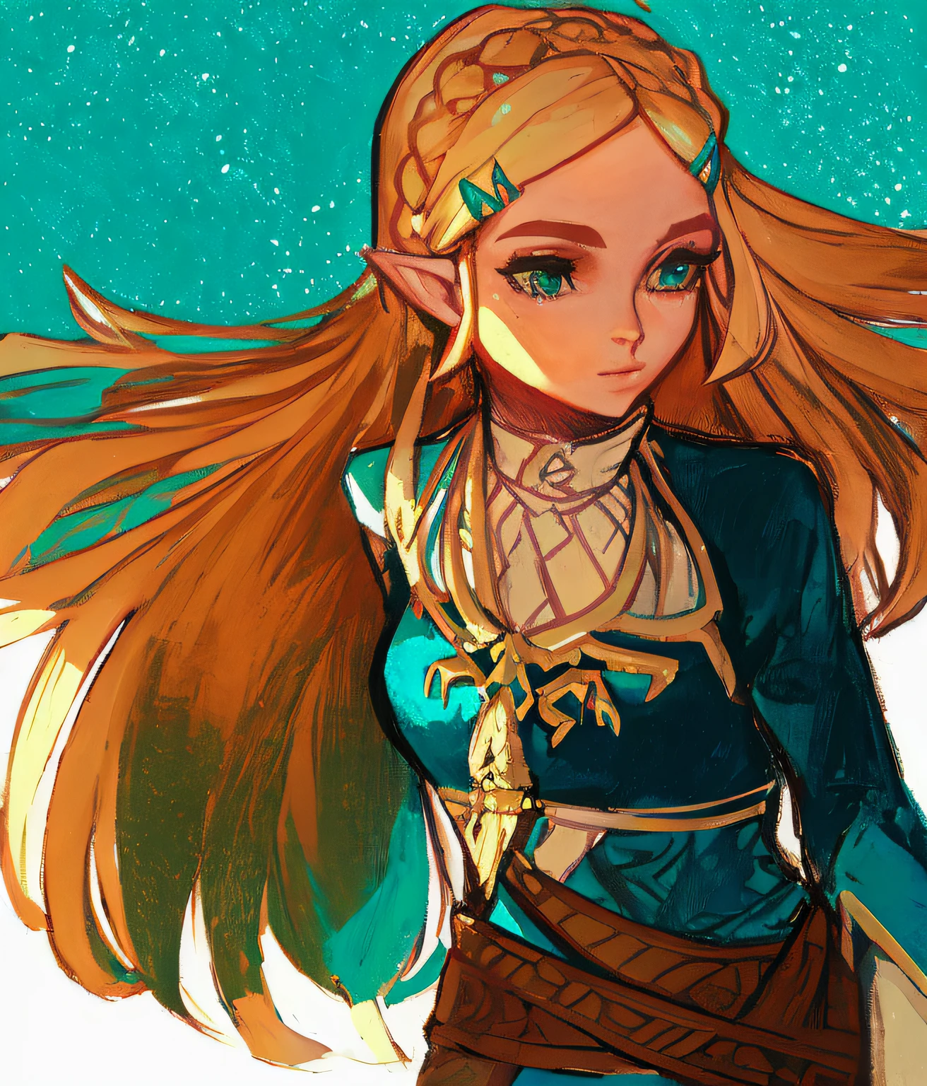 um desenho de uma mulher com longos cabelos loiros segurando uma espada, Zelda Botw, estilo Botw, Retrato de Zelda, Arte estilo Zelda, Retrato da princesa Zelda, Princesa Zelda, Botw, de legend of Zelda, Zelda, Zelda com Triforce, Princesa elfa, fanart requintada altamente detalhada, breath of the wild art style, Sopro do Estilo Selvagem