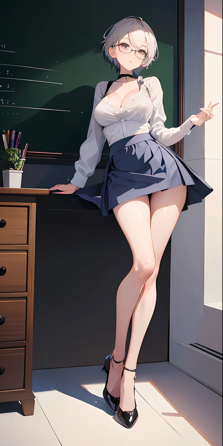 (masterpiece), best quality, perfect face, 1girl, mature woman, leaning forward, ((long grey hair)), large breasts, hanging breasts, cleavage, narrow waist, ((teacher)), suits, wearing glasses, ((ultra short skirt:1.5)), pencil skirt, choker, very small shirt, blue skirt, ((mini tight skirt: 1.5)), full body, white high heels, garters, lace stockings,long and slender legs, beautiful legs,erotic