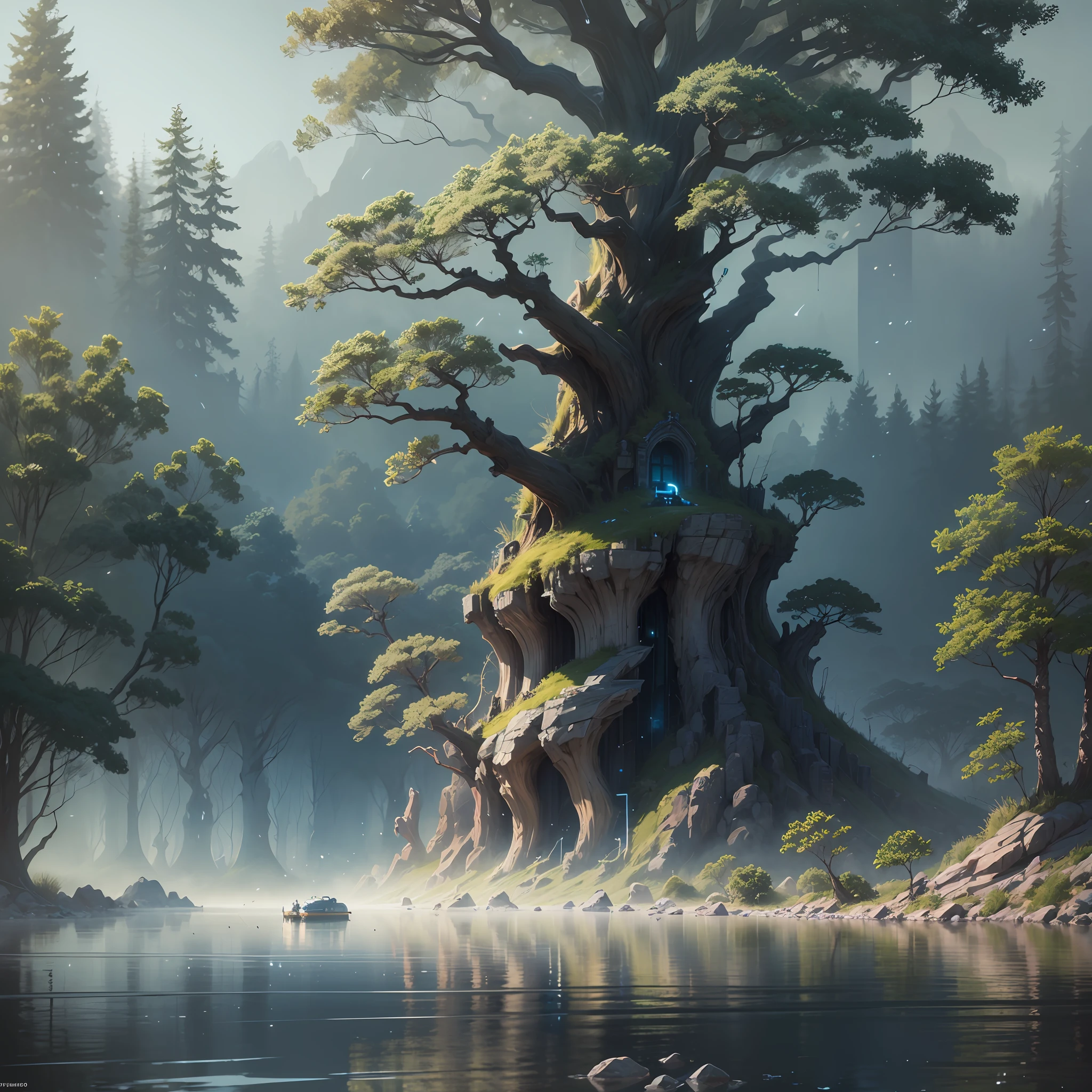 Masterpiece, best quality, (very detailed CG unity 8k wallpaper), (best quality), (best illustration), (best shadows), glow sprite, with a glowing deer, in the swimming pool Drinking water, natural elements in the forest theme. Mysterious forest, beautiful forest, nature, surrounded by flowers, delicate leaves and branches surrounded by fireflies (natural elements), (jungle theme), (leaves), (twigs), (fireflies), (particle effects) etc. 3D , Octane rendering, ray tracing, super detailedSky, Clouds, holding_weapon, no_humans, Glow, giant mechanical _ trees , city with tall trees _Architecture, “sky, cloud, glowing, big trees ,comunity,joy, ghost elephants, robot, cybernetic _trees, tree_mech, sci-fi, cityscape, realistic, mechanical” Science Fiction, Cities, Rendered in Octane, hyper realistic, 8k, epic composition, cinematic, octane render, artstation landscape vista photography by Carr Clifton & Galen Rowell, 16K resolution, Landscape veduta photo by Dustin Lefevre & tdraw, 8k resolution, detailed landscape painting by Ivan Shishkin, DeviantArt, Flickr, rendered in Enscape, Miyazaki, Nausicaa Ghibli, Breath of The Wild,,trending in artstation, cgsociety, 8k post-processing highly detailed,Junji Murakami, Mucha Klimt, Sharandula, Hiroshi Yoshida, Tom Bagshaw, Ross Tran, Artgerm,Craig Mullins,dramatic,Junji Murakami, moody lighting rendered by octane engine,characters 8K symmetrical arstation, cape,cinematic lighting, intricate details, 8k detail post processing, hyperealistic, octane rend, Zdzisław Beksiński style, ar 2:3 Reality Reality –auto –v6 –s2Finetuned Model Leon --auto --s2