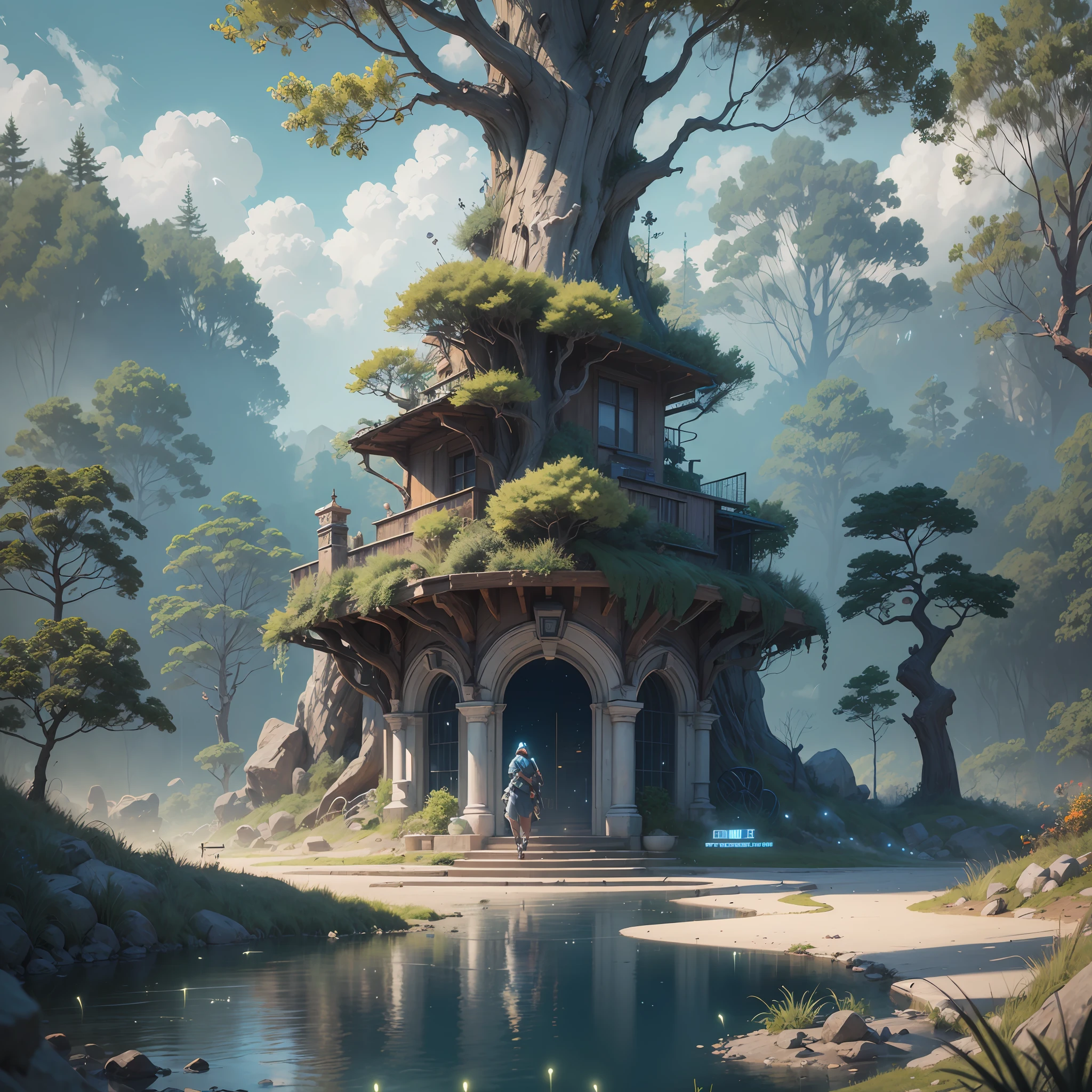 Masterpiece, best quality, (very detailed CG unity 8k wallpaper), (best quality), (best illustration), (best shadows), glow sprite, with a glowing deer, in the swimming pool Drinking water, natural elements in the forest theme. Mysterious forest, beautiful forest, nature, surrounded by flowers, delicate leaves and branches surrounded by fireflies (natural elements), (jungle theme), (leaves), (twigs), (fireflies), (particle effects) etc. 3D , Octane rendering, ray tracing, super detailedSky, Clouds, holding_weapon, no_humans, Glow, giant mechanical _ trees , city with tall trees _Architecture, “sky, cloud, glowing, big trees ,comunity,joy, ghost elephants, robot, cybernetic _trees, tree_mech, sci-fi, cityscape, realistic, mechanical” Science Fiction, Cities, Rendered in Octane, hyper realistic, 8k, epic composition, cinematic, octane render, artstation landscape vista photography by Carr Clifton & Galen Rowell, 16K resolution, Landscape veduta photo by Dustin Lefevre & tdraw, 8k resolution, detailed landscape painting by Ivan Shishkin, DeviantArt, Flickr, rendered in Enscape, Miyazaki, Nausicaa Ghibli, Breath of The Wild,,trending in artstation, cgsociety, 8k post-processing highly detailed,Junji Murakami, Mucha Klimt, Sharandula, Hiroshi Yoshida, Tom Bagshaw, Ross Tran, Artgerm,Craig Mullins,dramatic,Junji Murakami, moody lighting rendered by octane engine,characters 8K symmetrical arstation, cape,cinematic lighting, intricate details, 8k detail post processing, hyperealistic, octane rend, Zdzisław Beksiński style, ar 2:3 Reality Reality –auto –v6 –s2Finetuned Model Leon --auto --s2