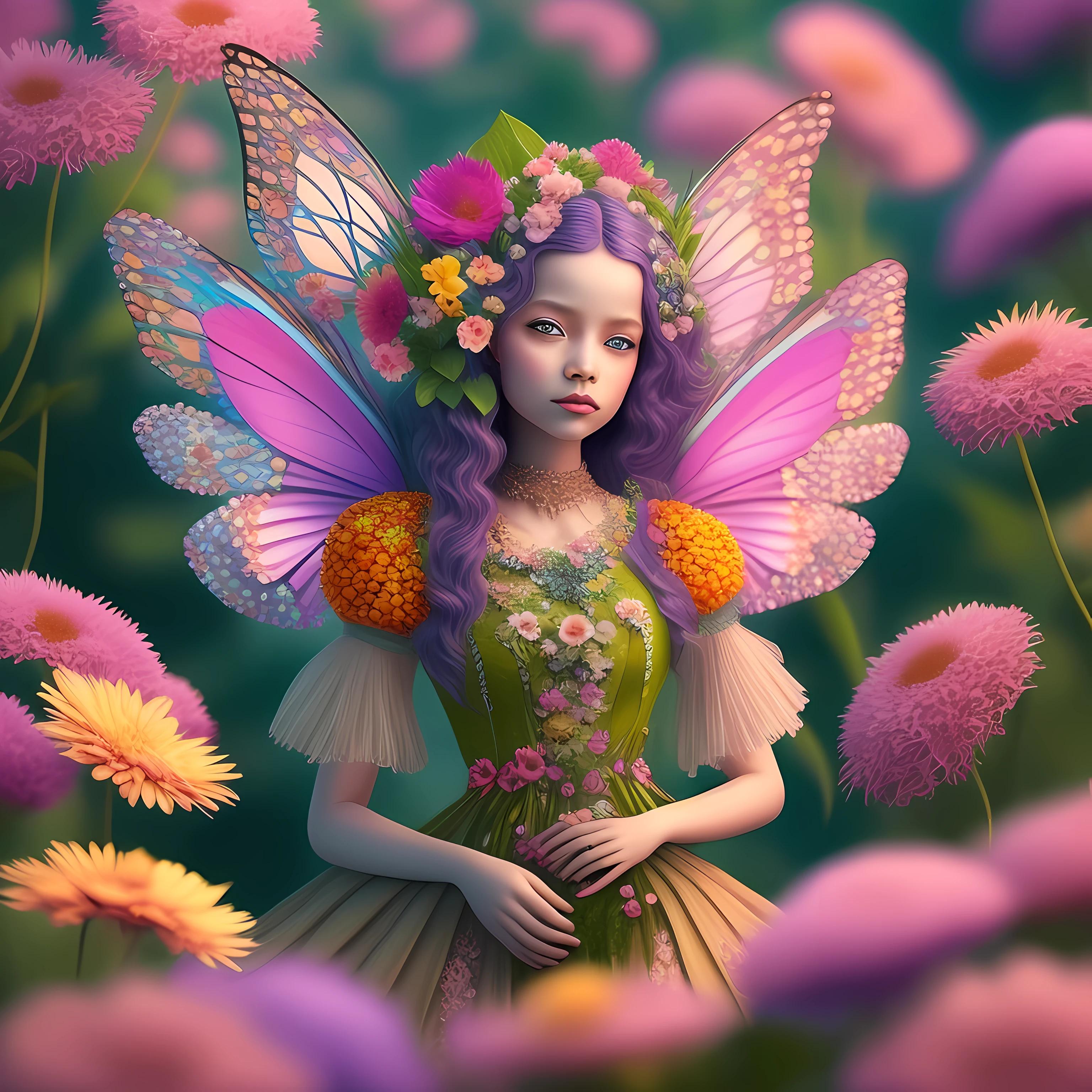 A hyperrealistic fairy of vibrant colors in an environment of flowers and extraordinary beauties.