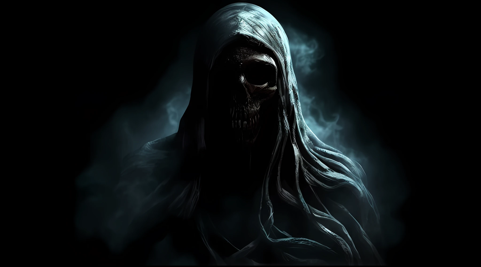 uma imagem escura de uma pessoa com um rosto encapuzado e cabelos longos, Wraith com capuz escuro, O Ceifador como um Assustador, O Ceifador Sombrio, lembrou-me do Ceifador Sombrio, Morte, morte maligna, necromante de capa escura, Retrato de Ceifador Sombrio, ghoul, figura escura encapuzada, fantasma assustador, com fumos fantasmas escuros ao redor, assustador e escuro