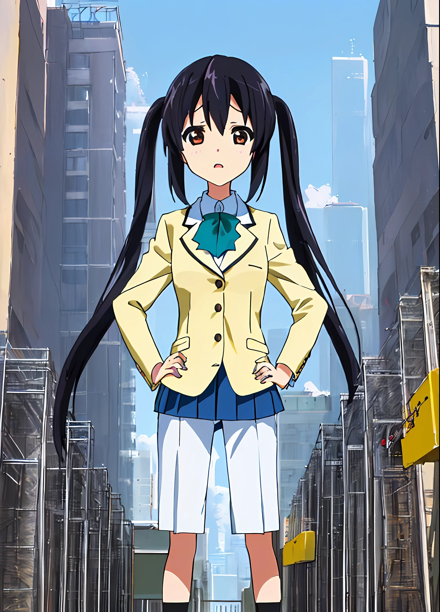1girl, ((((Masterpiece))), Best Quality, Best Quality, High Detail, Azusa Nakano, 1girl, Sakuragaoka High School Uniform, Musical Instrument, School Uniform, Twin Tails, Long Hair, Black Hair, Brown Eyes, Solo, Red, Dark blue blazer with a thin ribbon of red, Solid white button shirt under blazer, Illustration, Cartoon, Soothing tones, Muted colors, Soft cinematic light, Adobe Lightroom, Photo Lab, HDR, complex and highly detailed, (((depth of field))))). (((Masterpiece))). (((highest quality))).) ((super detail))). (((Illustration))). (((外))).dynamic focus.small breasts. (((skyscrapers))). (((Cityscape))). (((Face of sadness))). open mouth. (((hands on hips))). (((Proud))).
