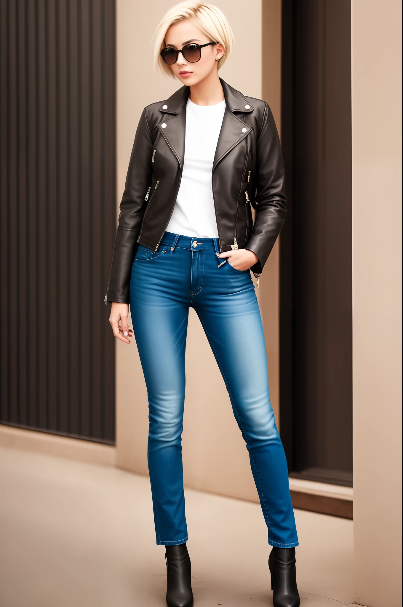 Hot girl with short blonde hair, wearing a leather jacket and jeans