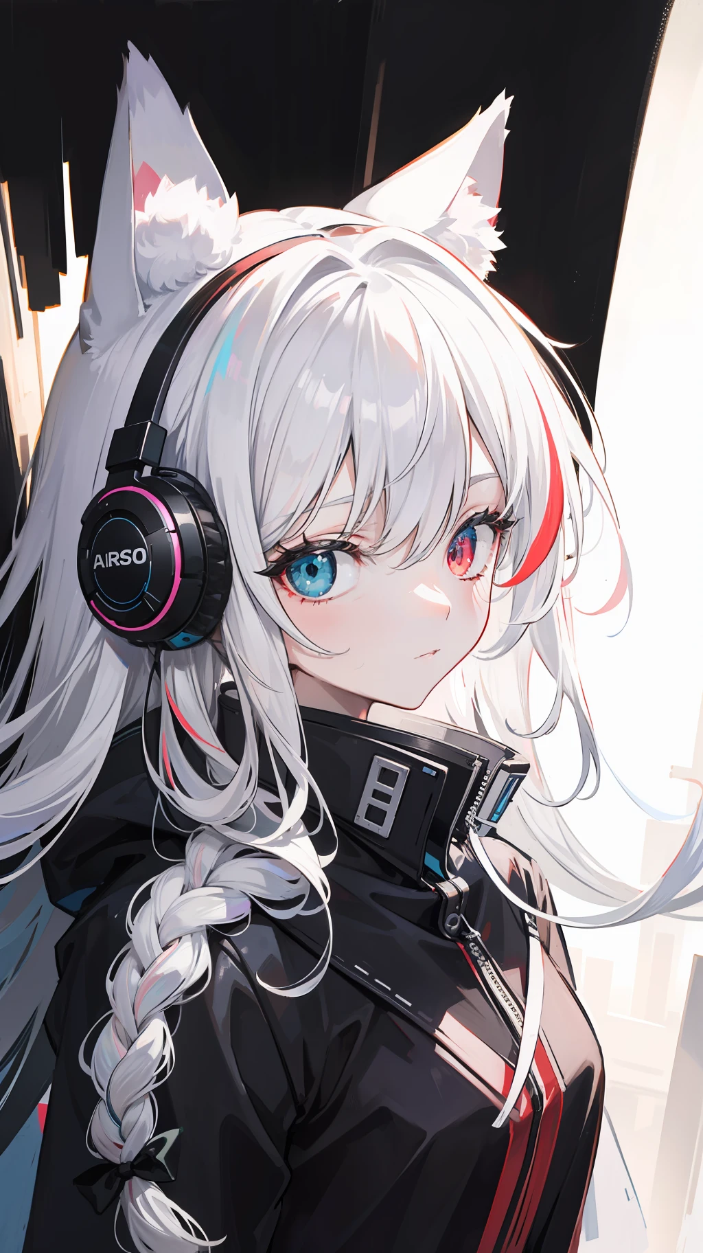 streaked hair, white hair, heterochromia, cat ear headphones, long braid, Cubist Futurism, chiaroscuro, backlighting, 16k, anatomically correct, best quality, high details