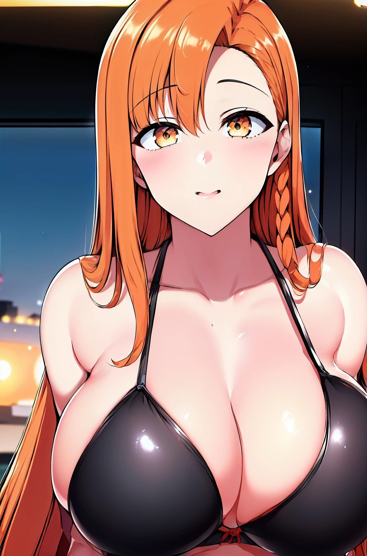 young girl in a red bikini, yellow_eyes,orange_hair,bangs,hair ornament,single_braid,long hair, 1 girl, perfect body, huge breast , looking at viewer, Bright_Front_face_Lighting, (obra maestra: 1.0), (best_quality: 1.0), ultrahigh resolution, 4K, ultra detallado, Cinematographer, 8K, HDR, highres, absurdres:1.2, Kodak portra 400, movie grain, fondo borroso, bokeh:1.2, destello de lente, (vibrant_color:1.2) (Hermoso,Large_Breasts:1.6), (beautiful_face:1.5),(narrow_waist),