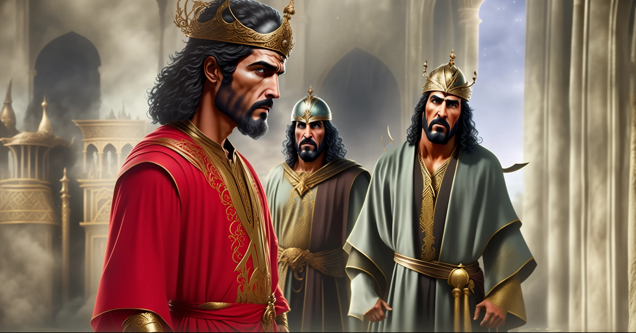 um close up de um homem com um manto vermelho e um homem com um manto vermelho, ainda de um filme de fantasia, biblical epic movie, cena de um filme, price of the film persia, still image from tv series, No filme Excalibur 1 9 8 0, cena do filme, captura de tela de um filme, ainda do filme