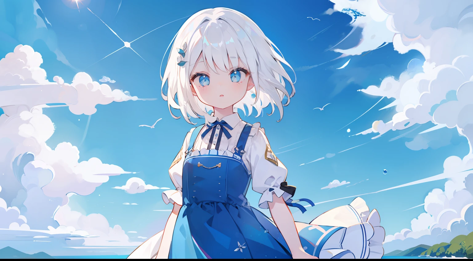 One girl、white  hair、blue eyess、​masterpiece、top-quality、Top image quality、cute little、long、summer  dress、shortsleeves、on clouds