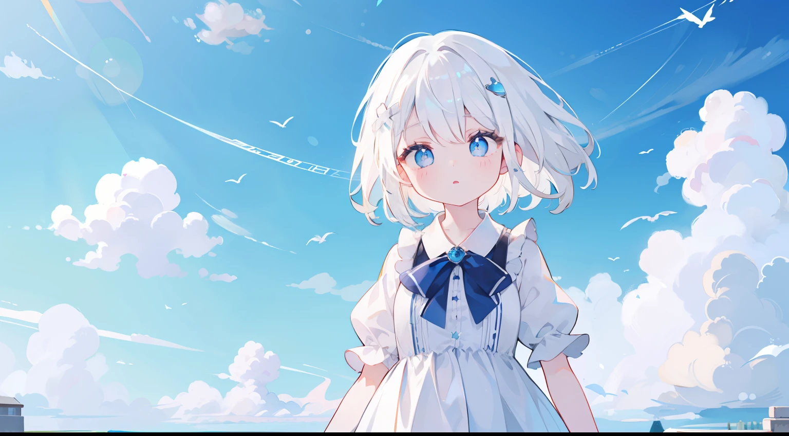 One girl、white hair、blue eyess、masterpiece、top-quality、Top image quality、cute little、long、summer dress、shortsleeves、on clouds