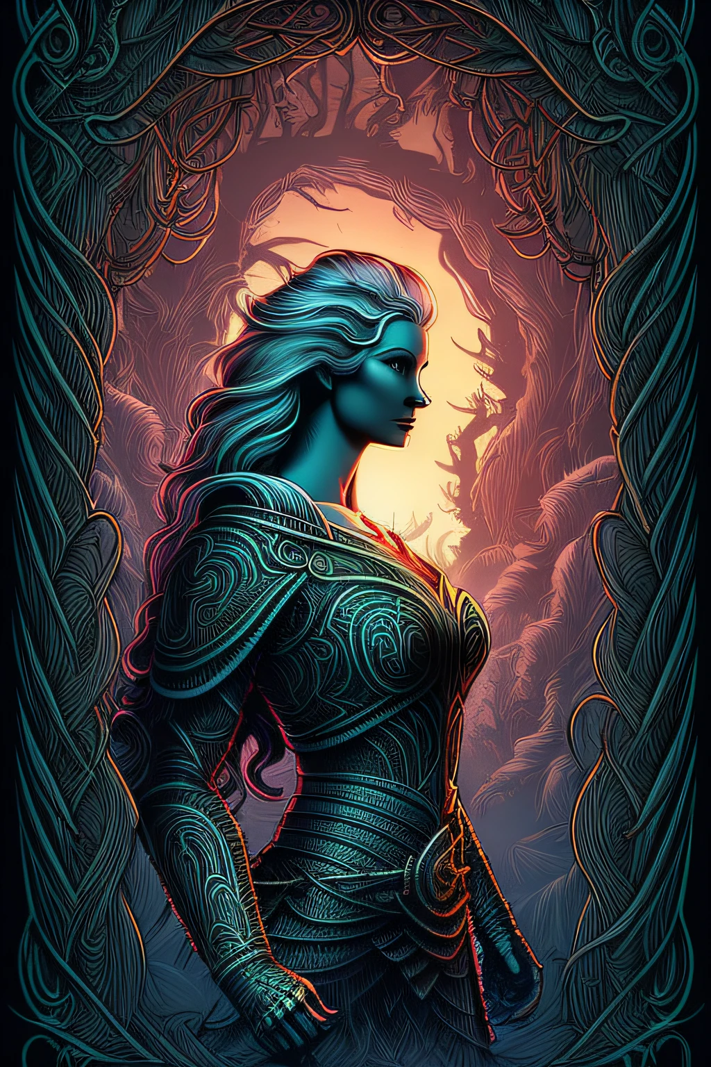 in profile (the beautiful nordic amazon woman one head with hair fluttering in the wind:1.1) portrait, dark forest, waterfall, sunset, symmetrical artistic sharp art, dan mumford style, hdr, realism, dark fantasy atmosphere, lovecraft style, (JimJorCrafLogo art style:1.3), (close up view),Sharp focus