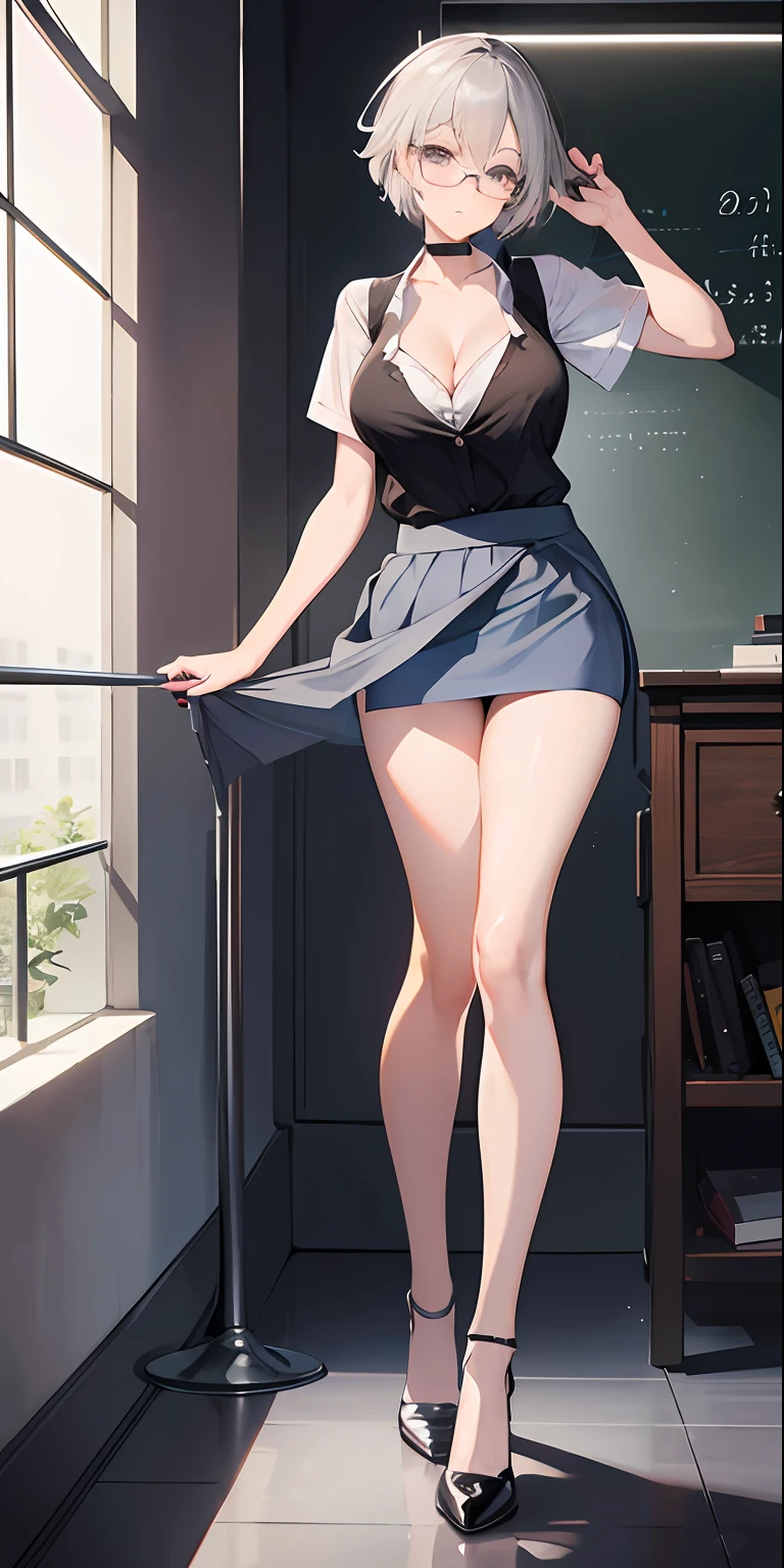(masterpiece), best quality, perfect face, 1girl, mature woman, leaning forward, ((long grey hair)), large breasts, hanging breasts, cleavage, narrow waist, ((teacher)), suits, wearing glasses, ((ultra short skirt:1.5)), pencil skirt, choker, very small shirt, blue skirt, ((mini tight skirt: 1.5)), full body, white high heels, garters, lace stockings,long and slender legs, beautiful legs,erotic