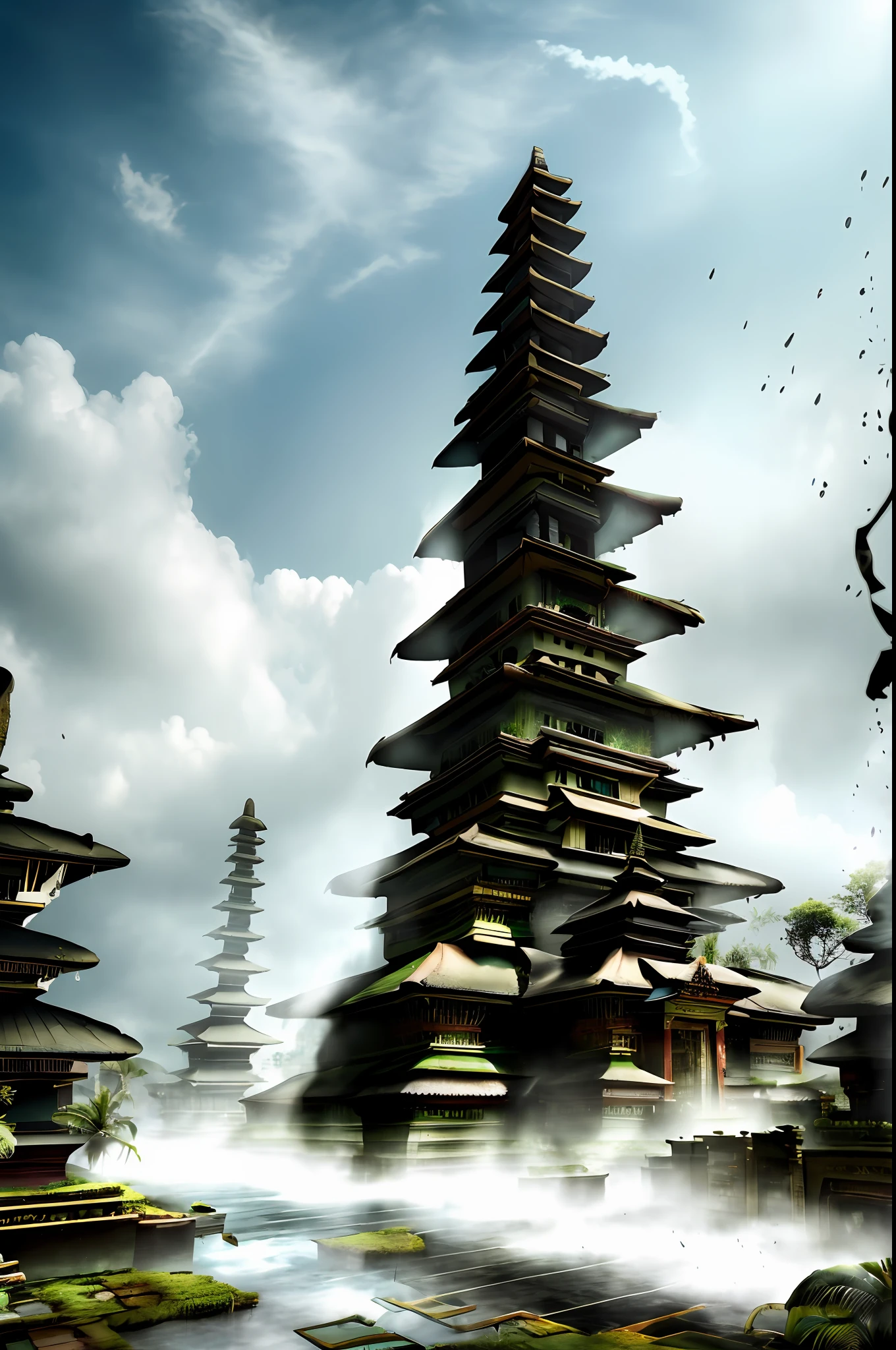 ((masterpiece, best quality)), 8k, modern Bali architecture style, photo realistic, hyper detailed photo, clean sky, ruined city, cyberpunk,rain
