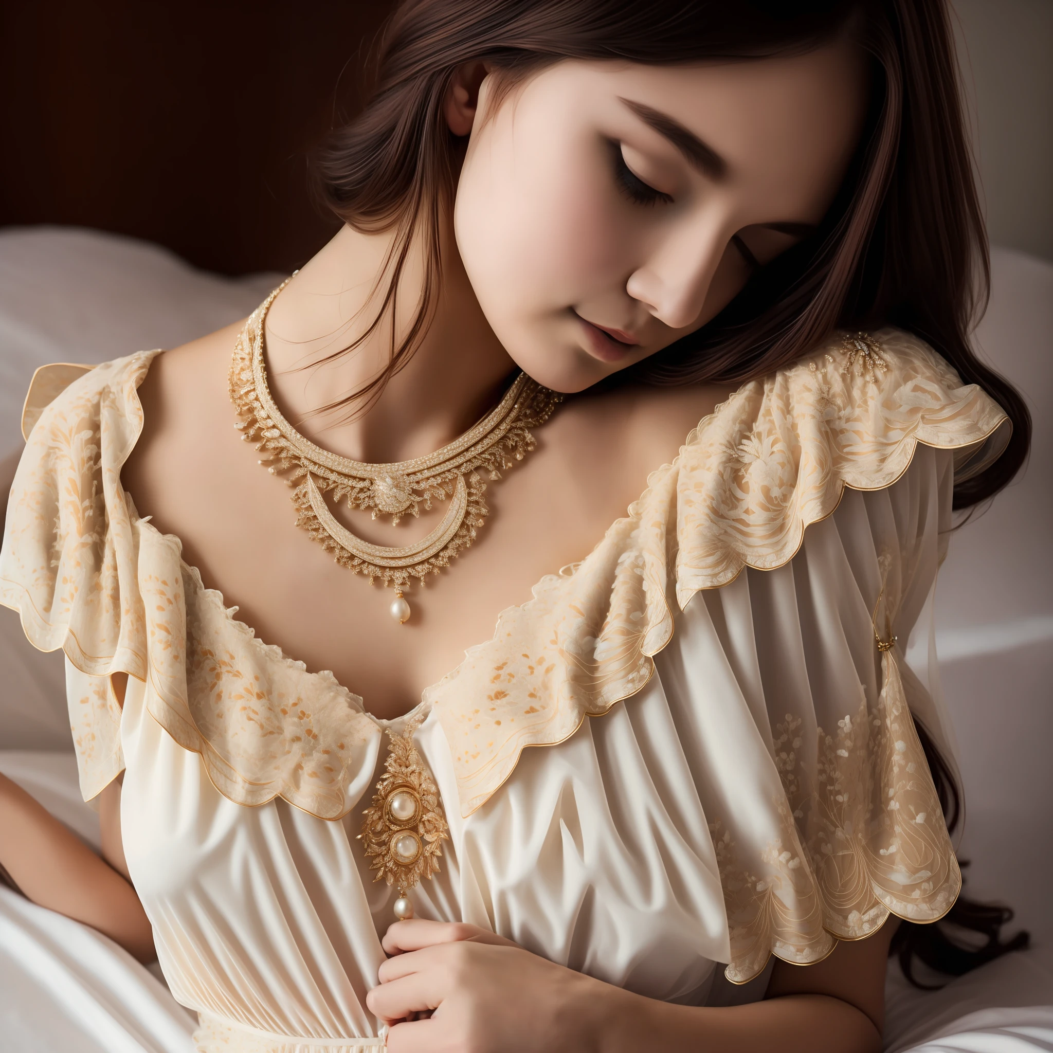 Highest Quality, Masterpiece, Super High Resolution, (Photorealistic: 1.4), Raw Photo, 1 Girl, Off Shoulder, Garter Belt, In Room, Deep Shadows, Low Key, On Bed, Lie Down, Right Arm Under Head, Head on pillow, undressed clothes, viewer&#39;s eyes, gorgeous necklace --auto