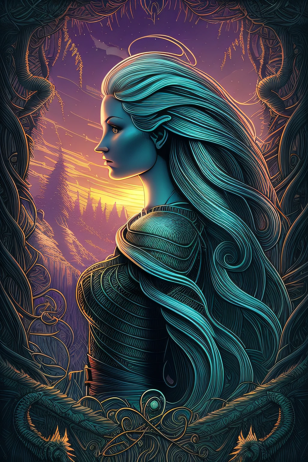 in profile (the beautiful nordic amazon woman one head with hair fluttering in the wind:1.1) portrait, dark forest, waterfall, sunset, symmetrical artistic sharp art, dan mumford style, hdr, realism, dark fantasy atmosphere, lovecraft style, (JimJorCrafLogo art style:1.3), (close up view),Sharp focus