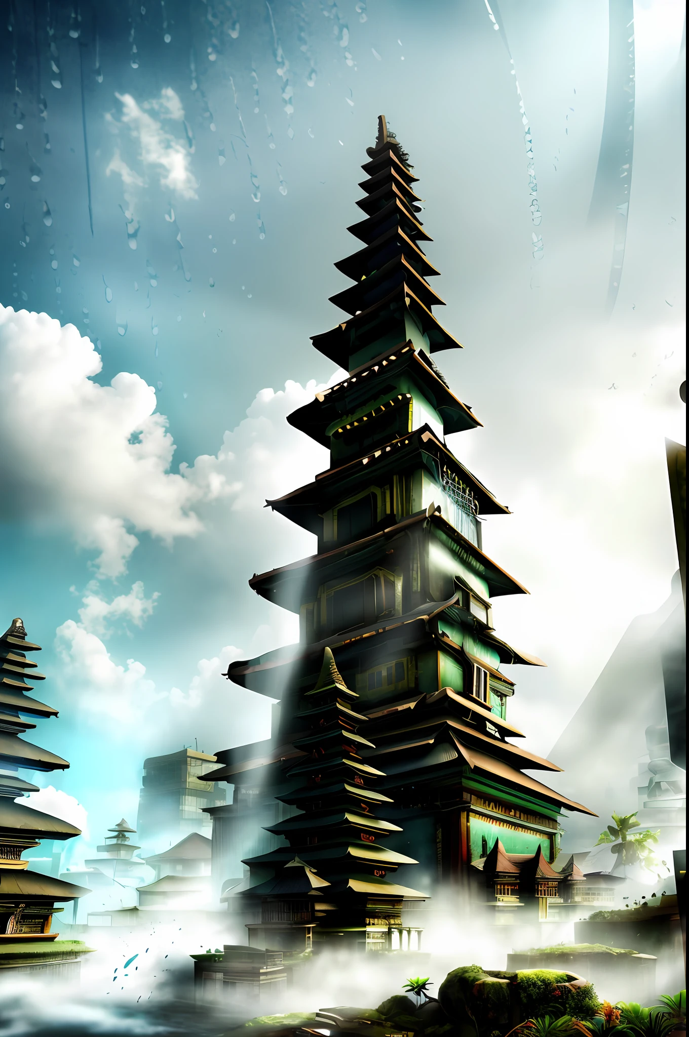 ((masterpiece, best quality)), 8k, modern Bali architecture style, photo realistic, hyper detailed photo, clean sky, ruined city, cyberpunk,rain