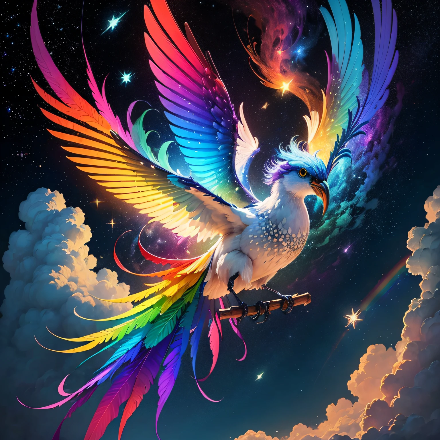((obra-prima)),(melhor qualidade),(detalhado),(1 celestial bird), (asas abertas), (Long tail with rainbow colors), (Flying in starry sky) --auto
