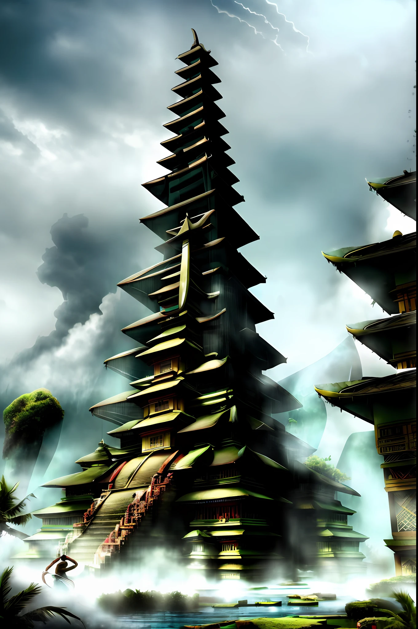 ((masterpiece, best quality)), 8k, modern Bali architecture style, photo realistic, hyper detailed photo, clean sky, ruined city, cyberpunk,rain