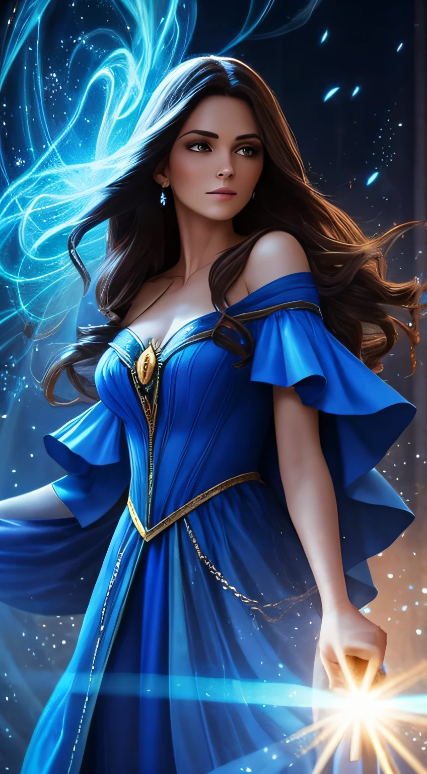 brunette Celeste woman holding a magic wand as a blue dream materializes before her surrounded by a glowing mist, com diversas formas de sonhos flutuando ao seu redor.