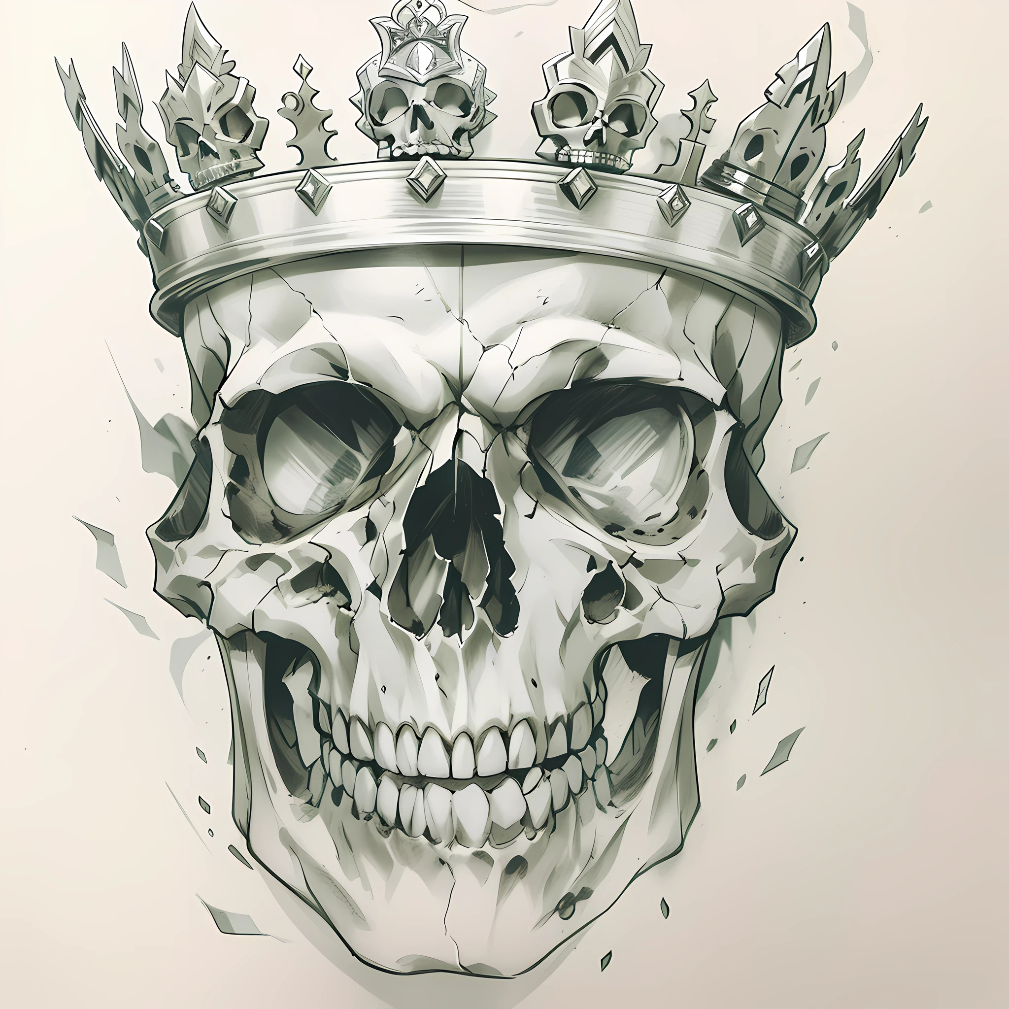 Make a drawing only of the part of the face of a skull with a crown falling to the right side, fundo do papel em branco
