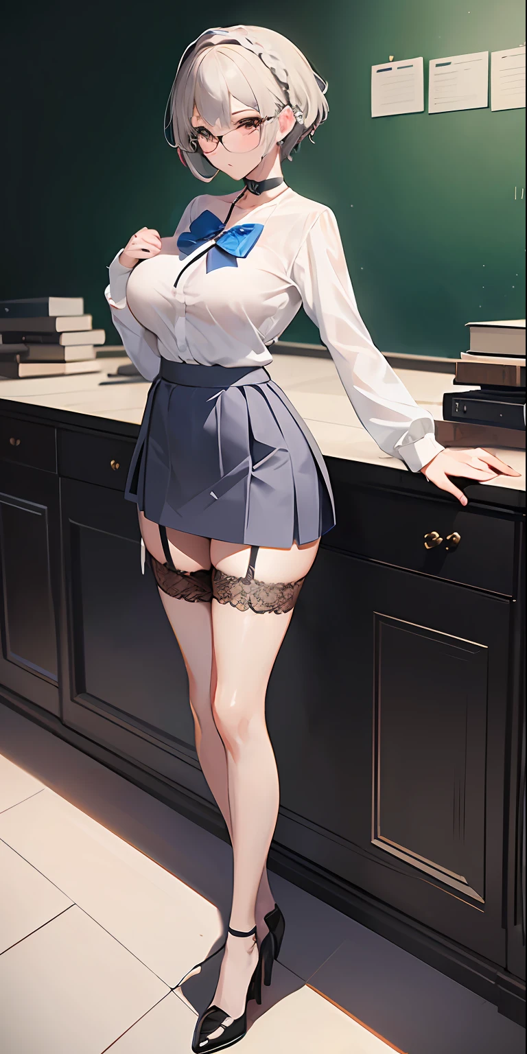 (masterpiece), best quality, perfect face, 1girl, mature woman, leaning forward, ((long grey hair)), long hair, huge breasts, large breasts, hanging breasts, cleavage, narrow waist, ((teacher)), suits, wearing glasses, ((ultra short skirt:1.5)), pencil skirt, choker, very small shirt, blue skirt, ((mini tight skirt: 1.5)), full body, high heels, garters, ((lace stockings:1.2)), long and slender legs, beautiful legs,erotic