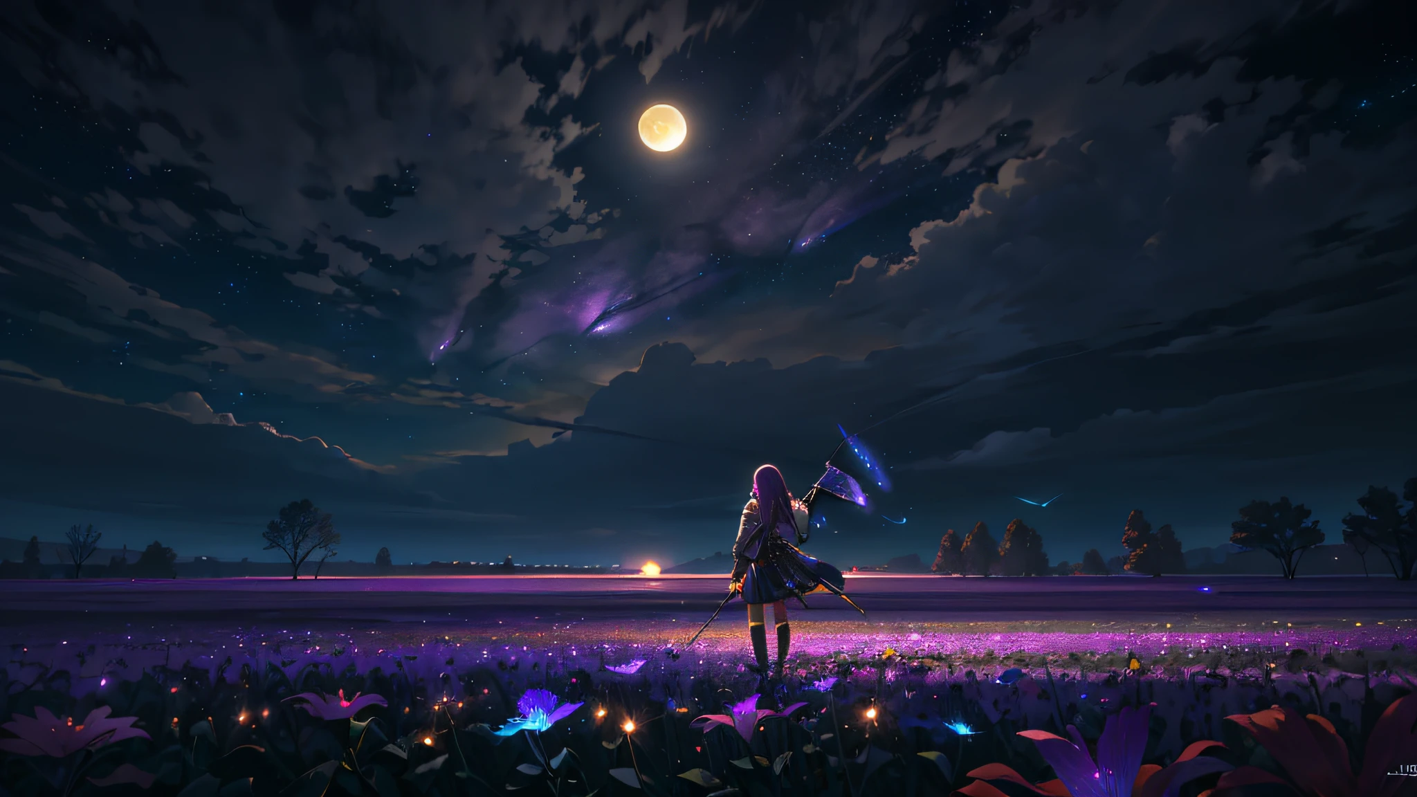 expansive landscape photograph , (a view from below that shows sky above and open field below), a girl standing on flower field looking up, (full moon:1.2), ( shooting stars:0.9), (nebula:1.3), distant mountain, tree BREAK
production art, (warm light source:1.2), (Firefly:1.2), lamp, lot of purple and orange, intricate details, volumetric lighting, realism BREAK
(masterpiece:1.2), (best quality), 4k, ultra-detailed, (dynamic composition:1.4), highly detailed, colorful details,( iridescent colors:1.2), (glowing lighting, atmospheric lighting), dreamy, magical, (solo:1.2)