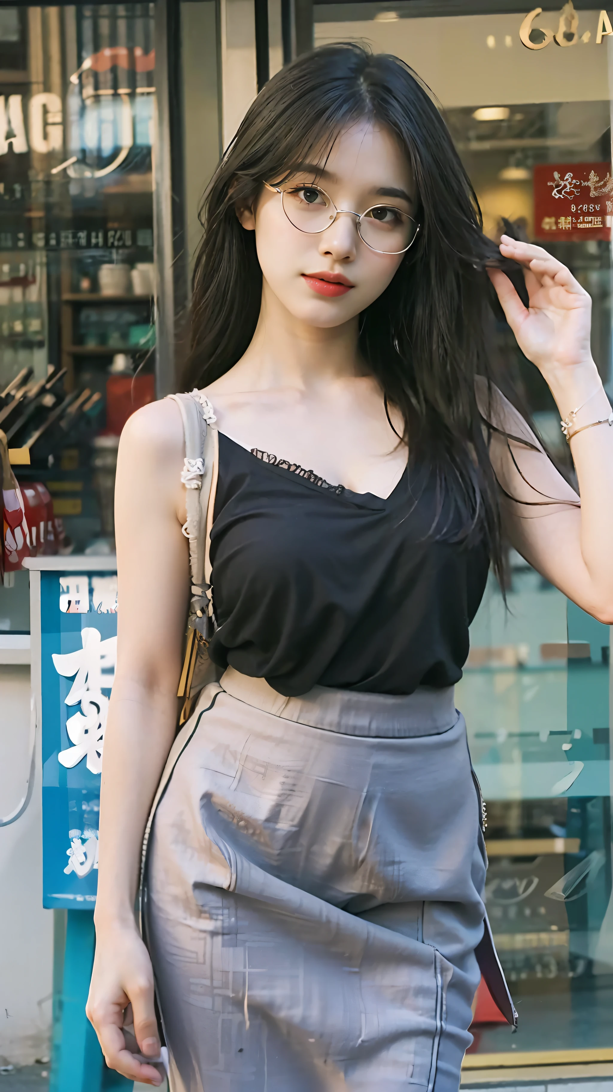 ulzzang-6500-v1.1, (raw photo:1.2), (photorealistic:1.4), beautiful detailed girl, very detailed eyes and face, beautiful detailed eyes, ridiculous, incredibly ridiculous, huge file size, super detailed, high resolution, very detailed, best quality, masterpiece, ((fashion clothing with diverse colors)), illustration, very detailed, CG, unified, 8k wallpaper, amazing, fine detail, masterpiece ,best quality, very detailed CG uniform 8k wallpaper, light on face, movie lighting, 1girl, 16 years old, long white hair, side splits, (big breasts), (no panties)), (glasses), ((dynamic pose))), ((sexy pose))), (camel toe), (half), (pantyhose)), ((black hip skirt))