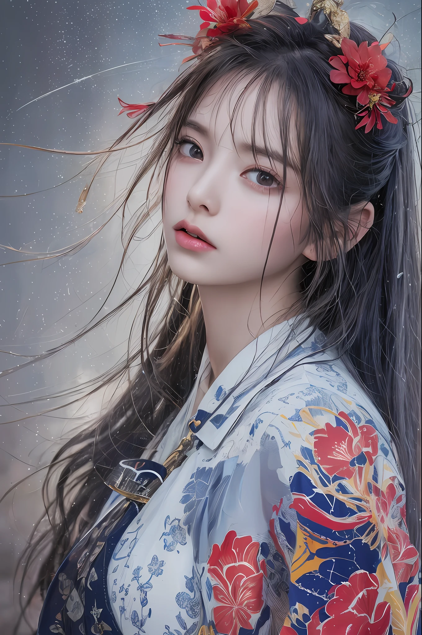 (8k, RAW photo: 1.2), highest quality, ultra-high resolution, dramatic angle, (fine color splashes), (illustration), (((one girl))), (long hair), (rain: 0.9), (hair ornament: 1.4), there is an ancient palace next to the girl, cheongsam, (focus), color ink painting, (color splash), colorful splash, (((colorful))), (sketch: 0.8) ), masterpiece, top quality, beautifully painted, highly detailed, (noise reduction: 0.6), [splash ink], ((ink refraction)), (beautifully detailed sky), moon, highly detailed , (masterpiece, highest quality, highly detailed) CG Unity 8k wallpaper, masterpiece, highest quality, ultra-detailed), (Lycoris radiata),,
