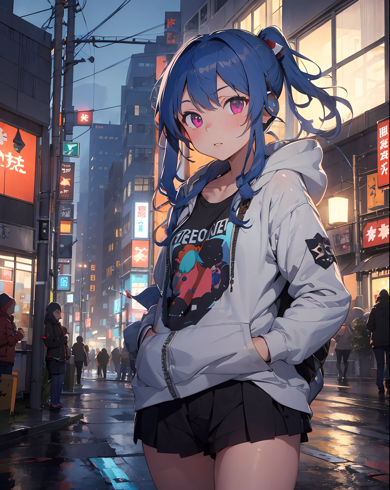 stlouis, side ponytail, 1girl,solo,(flat chest),hoodie,  cowboy shot,headphones around neck,(hand in pocket),outdoors,cyberpunk, digital rain, digital dissolve, bare_legs,building,full moon, neon lights, ray_tracing,masterpiece,highly detailed,