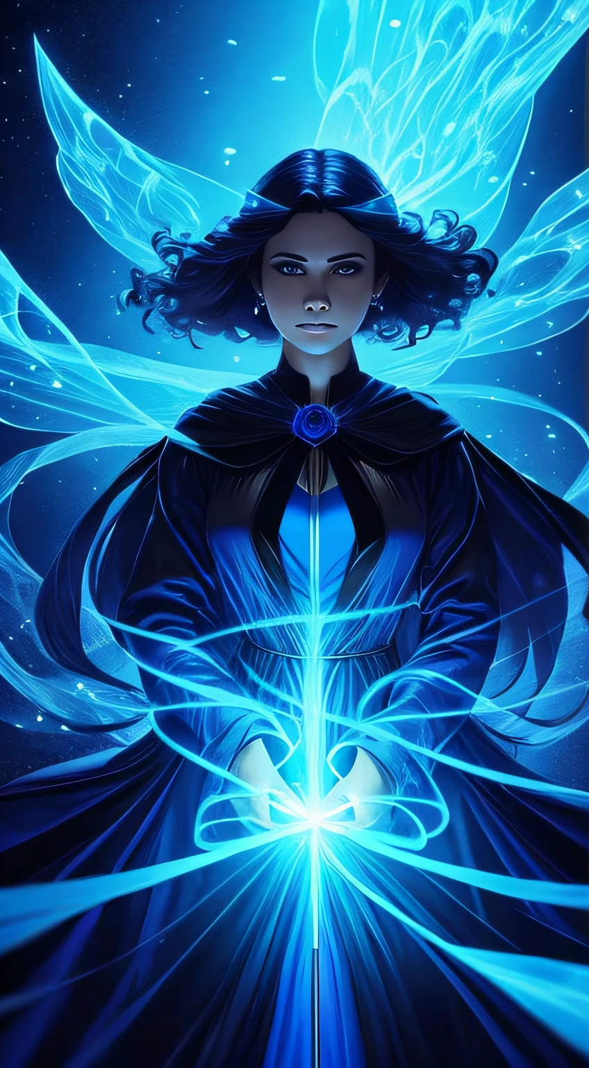 Black Celeste woman holding a magic wand as a blue dream materializes before her surrounded by a glowing mist, com diversas formas de sonhos flutuando ao seu redor.