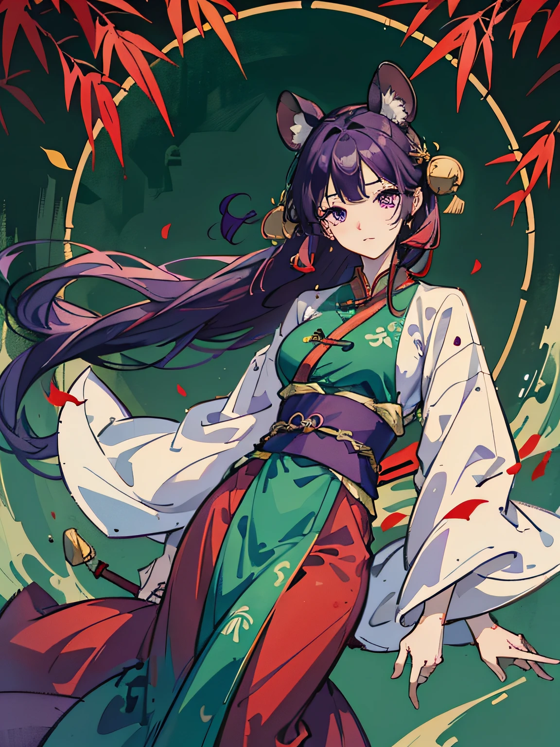 K, k hd, Purple hair big breasts, Purple gemstone eyes, Mouse ears, 15 old, Hht 175cm, slimfigure, Wearing Chinese Hanfu in lake green, Stand above the red eaves, In the upper right corner hangs Haoyue, There are several swaying bamboo trees on the left, A gentle breeze blows, Bamboo and hanfu float in the wind, Fantastic sights, In the lower left corner, the "italics" character of Xingshu is written with a brush。 --auto