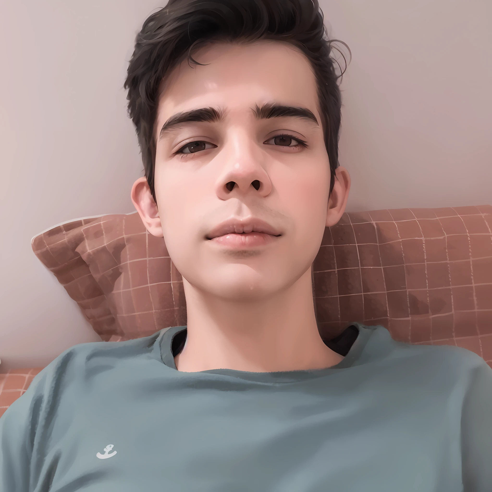 There is a man lying on a bed with a remote control in his hand, em torno de 1 9 anos, mateus 9 5, 18 anos, 2 2 anos, 2 3 anos, 21 anos, 2 7 anos, imagem frontal, 2 4 anos, imagem de qualidade muito baixa, 2 8 anos, Fotografia selfie 8k