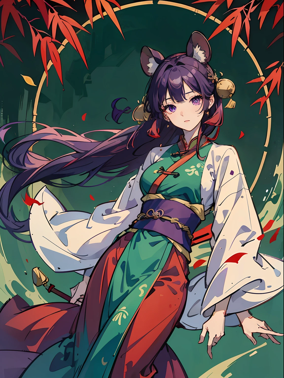 16K, k hd, Purple hair big breasts, Purple gemstone eyes, Mouse ears, 15year old, Height 175cm, slimfigure, Wearing Chinese Hanfu in lake green, Stand above the red eaves, In the upper right corner hangs Haoyue, There are several swaying bamboo trees on the left, A gentle breeze blows, Bamboo and hanfu float in the wind, Fantastic sights, In the lower left corner, the "italics" character of Xingshu is written with a brush。 --auto