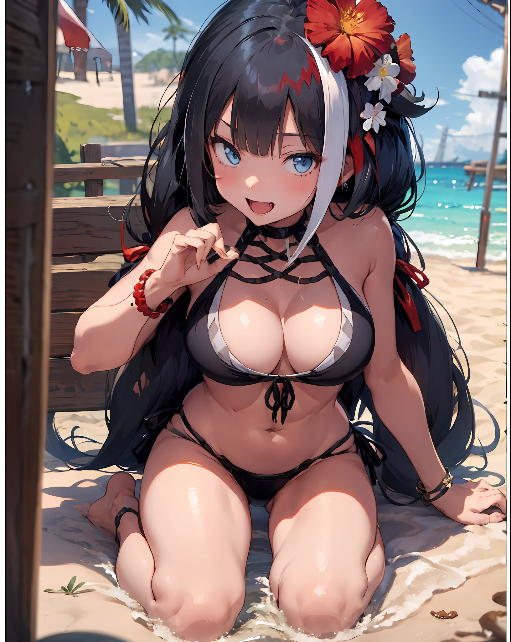 deutschland, swimsuit, 1girl, breasts, solo, side-tie bikini bottom, cleavage, navel, beach, sitting, smile, fang, looking at viewer, open mouth, large breasts, bracelet, outdoors, wariza, jewelry, sand, front-tie top, day, front-tie bikini top, :d,, water, halterneck, skin fang, barefoot, string bikini, stomach, blush, thighs, collarbone, bead bracelet,