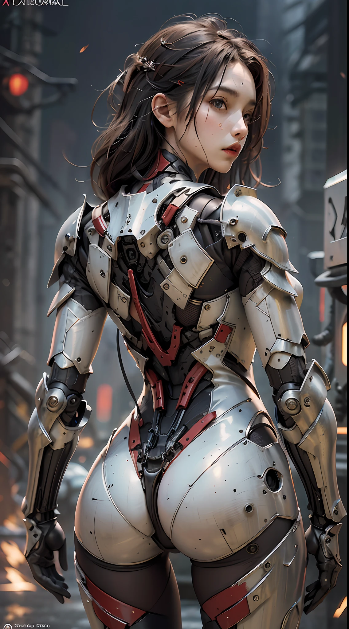 (Masterpiece), (Best quality), Photorealism, Realistic, Ultra detailed, Perfect face, Perfect body, 1girll, Beautiful girl, Girl in red armor, Mechanical armor, exoskeleton, Stand, Cool pose, Sexy, Watching from behind