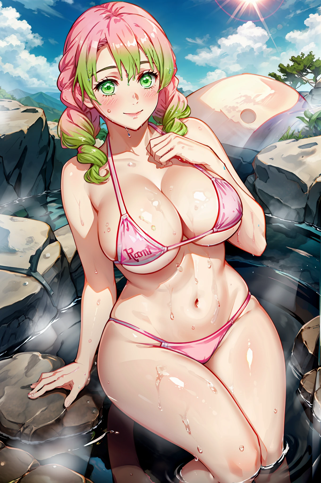 (1girl, kanroji_mitsuri, looking at viewer, micro bikini, light blush, light smile, pink and green hair, green eyes, large breasts, cleavage, curvy, thick thigs, shiny skin, wide hips, thin waist:1.2), absurdres, (ultra-detailed), masterpiece, best quality, (official wallpaper, official art:1.1025), good hands, good fingers, epic lighting, cinematic composition, (game cg:1.2), hyperrealistic, (outdoors, onsen, Japanese bath, bath, water, wet, sun, sun flare, fluffy clouds),