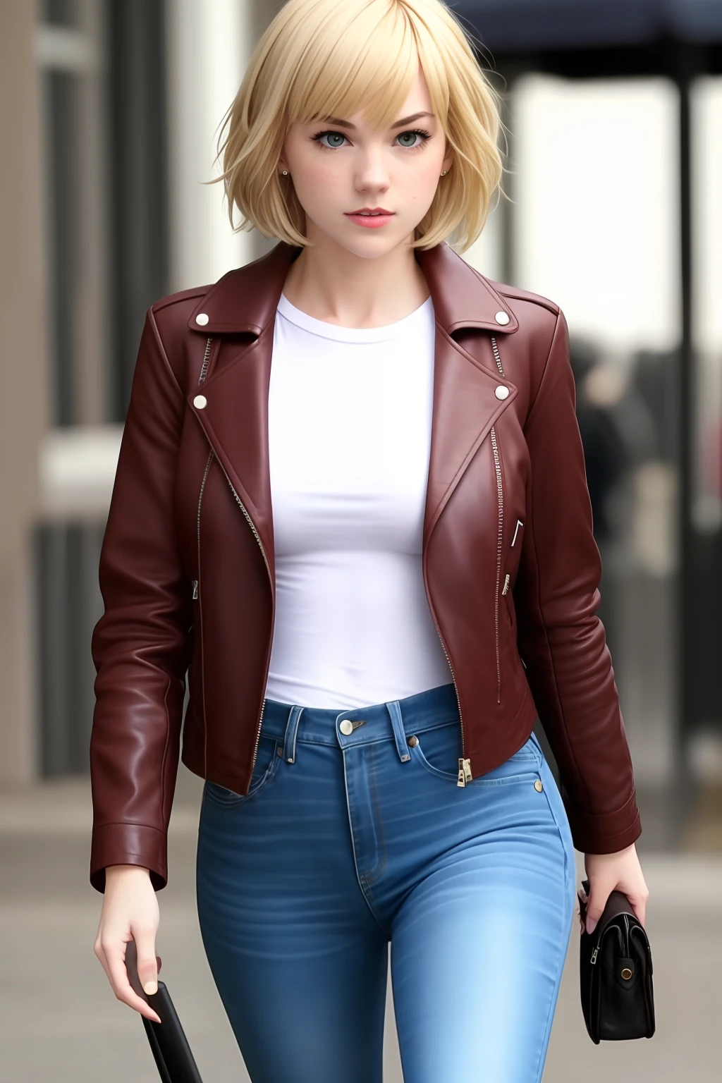 Gwen Stacey with short blonde hair and large boobs, wearing a leather jacket and jeans