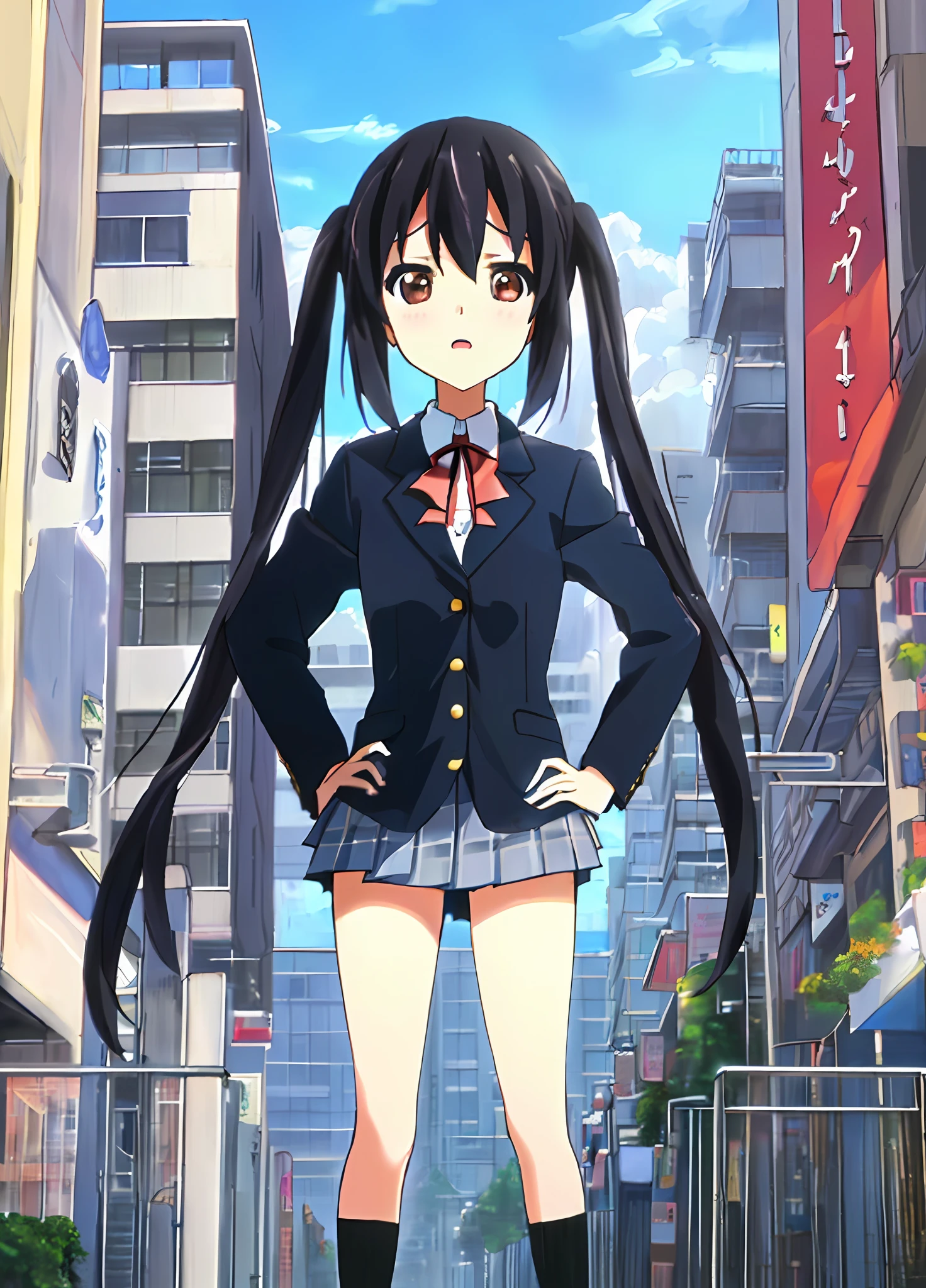 1girl, ((((Masterpiece))), Best Quality, Best Quality, High Detail, Azusa Nakano, 1girl, Sakuragaoka High School Uniform, Musical Instrument, School Uniform, Twin Tails, Long Hair, Black Hair, Brown Eyes, Solo, Red, Dark blue blazer with a thin ribbon of red, Solid white button shirt under blazer, Illustration, Cartoon, Soothing tones, Muted colors, Soft cinematic light, Adobe Lightroom, Photo Lab, HDR, complex and highly detailed, (((depth of field))))). (((Masterpiece))). (((highest quality))).) ((super detail))). (((Illustration))). (((外))).dynamic focus.small breasts. (((skyscrapers))). (((Cityscape))). (((Face of sadness))). open mouth. (((hands on hips))). (((Proud))).