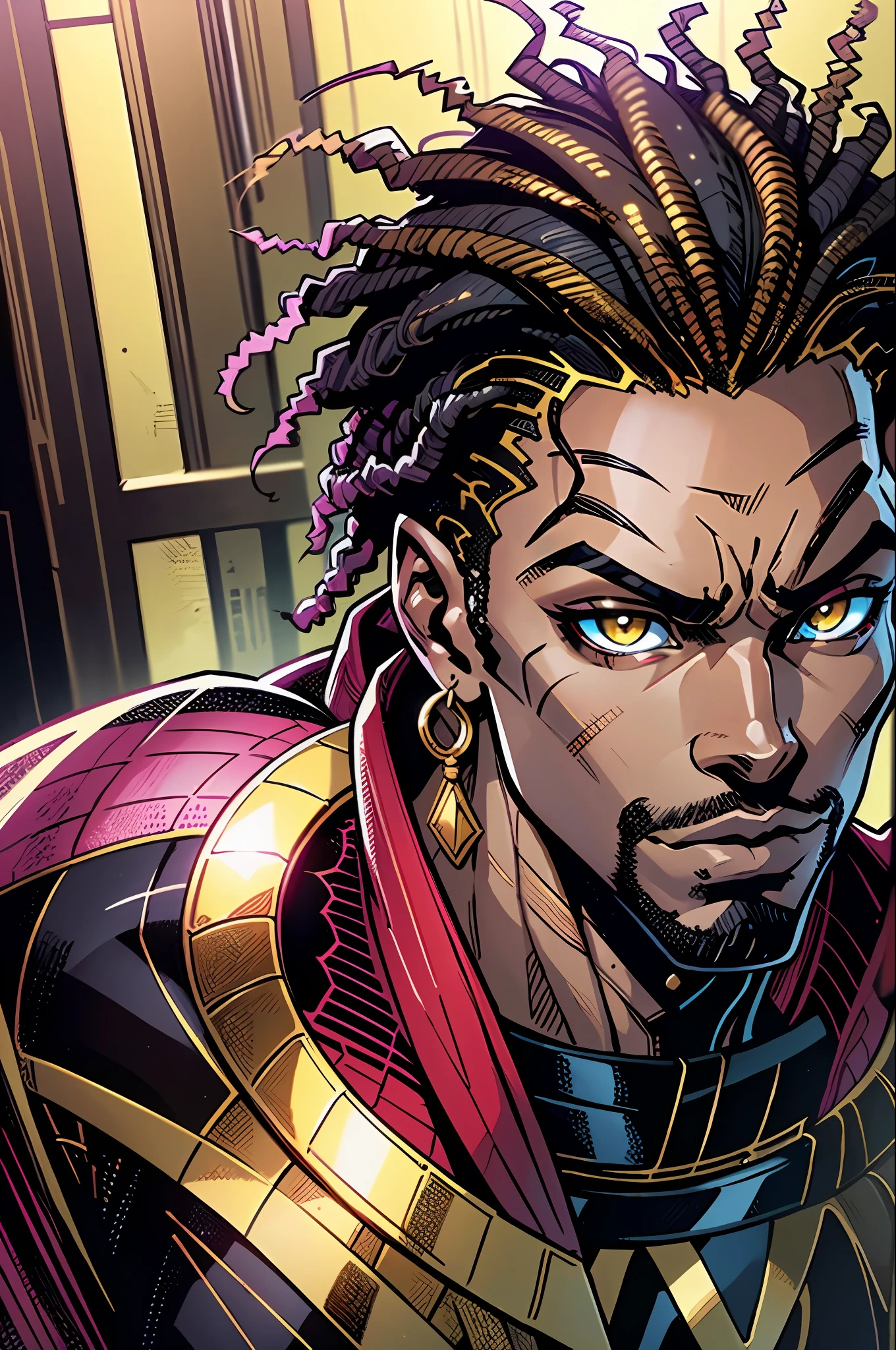 Masterpiece, Excellent, 1boy, solo, complex details, color diffusion, comic book, anime, marvel, DC, prince, dark skin, ebony, brown skin, dark-skinned male, dark hair, black hair, dreadlocks, golden eyes, epic attire, assassin, badass, trending, demon, anti-hero