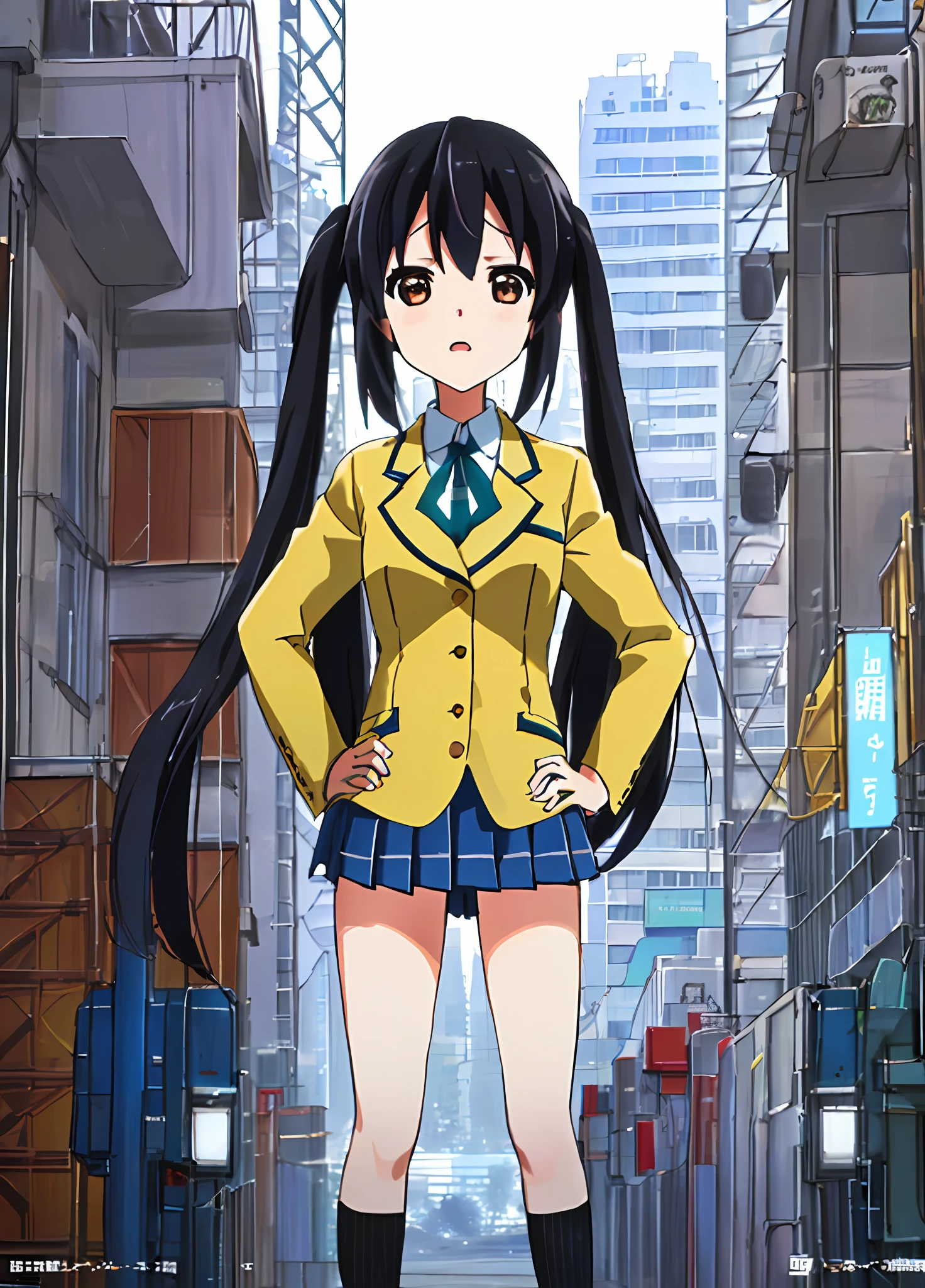 1girl, ((((Masterpiece))), Best Quality, Best Quality, High Detail, Azusa Nakano, 1girl, Sakuragaoka High School Uniform, Musical Instrument, School Uniform, Twin Tails, Long Hair, Black Hair, Brown Eyes, Solo, Red, Dark blue blazer with a thin ribbon of red, Solid white button shirt under blazer, Illustration, Cartoon, Soothing tones, Muted colors, Soft cinematic light, Adobe Lightroom, Photo Lab, HDR, complex and highly detailed, (((depth of field))))). (((Masterpiece))). (((highest quality))).) ((super detail))). (((Illustration))). (((外))).dynamic focus.small breasts. (((skyscrapers))). (((Cityscape))). (((Face of sadness))). open mouth. (((hands on hips))). (((Proud))).