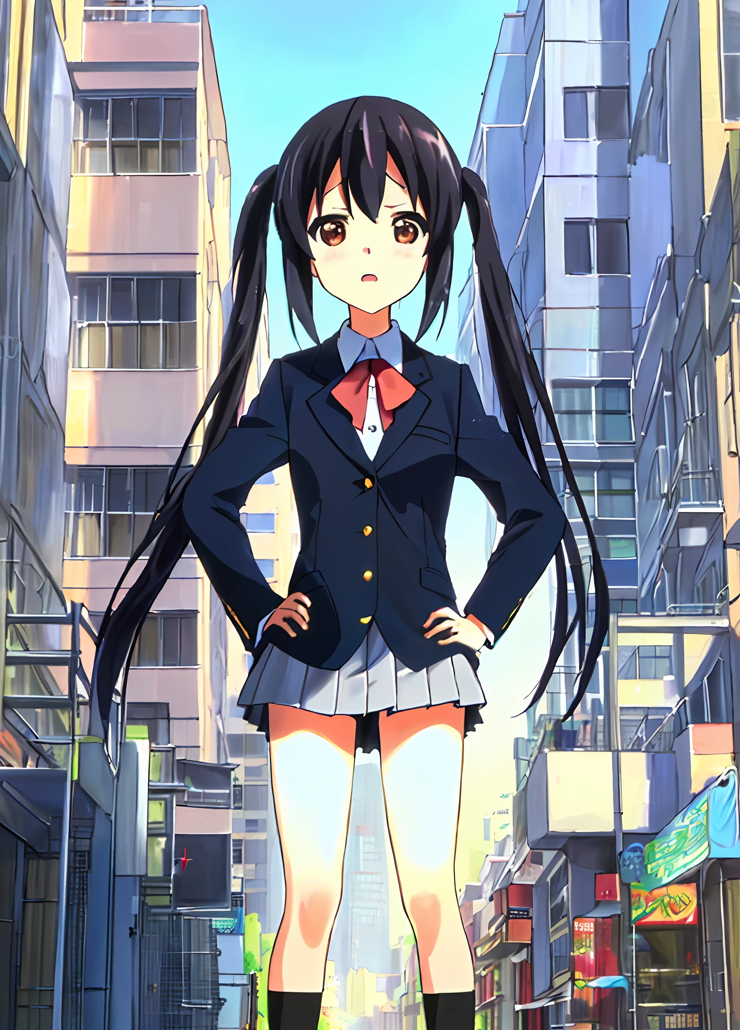 1girl, ((((Masterpiece))), Best Quality, Best Quality, High Detail, Azusa Nakano, 1girl, Sakuragaoka High School Uniform, Musical Instrument, School Uniform, Twin Tails, Long Hair, Black Hair, Brown Eyes, Solo, Red, Dark blue blazer with a thin ribbon of red, Solid white button shirt under blazer, Illustration, Cartoon, Soothing tones, Muted colors, Soft cinematic light, Adobe Lightroom, Photo Lab, HDR, complex and highly detailed, (((depth of field))))). (((Masterpiece))). (((highest quality))).) ((super detail))). (((Illustration))). (((外))).dynamic focus.small breasts. (((skyscrapers))). (((Cityscape))). (((Face of sadness))). open mouth. (((hands on hips))). (((Proud))).