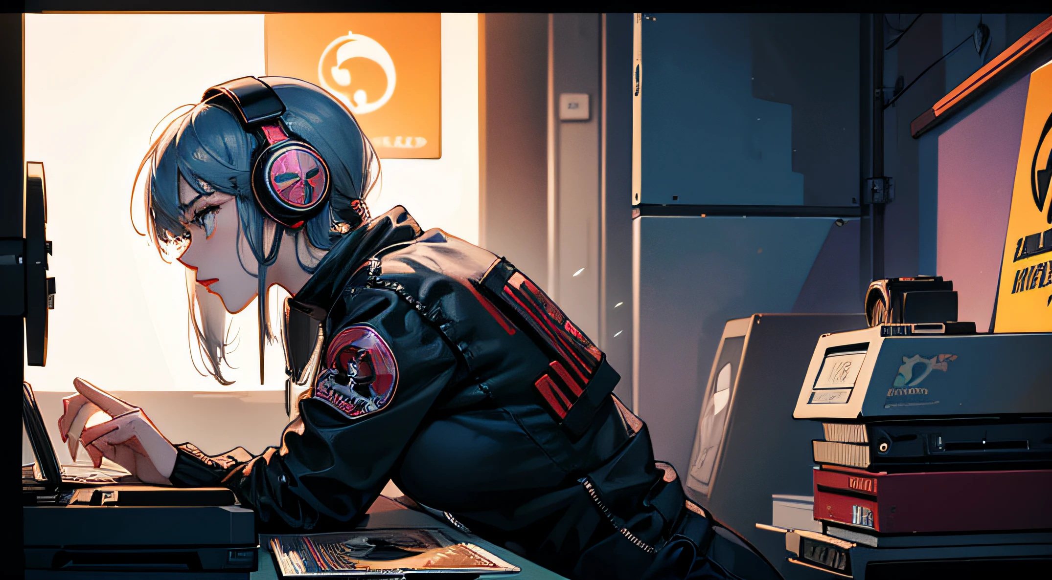 (longshot), wideshot, (film noise), old cartoon, (lots of records:1.3), vinyl record shop, (masterpiece, highest quality, highest quality, official art, beautiful and aesthetic: 1.2), (woman listening to music with 1 headphones), very detailed, (fractal art: 1.4), supreme detail, guitar, (notes: 1.4), ( lo-fi hip-hop), side view, old anime texture, solo, loudspeaker, cyberpunk, vinyl --auto