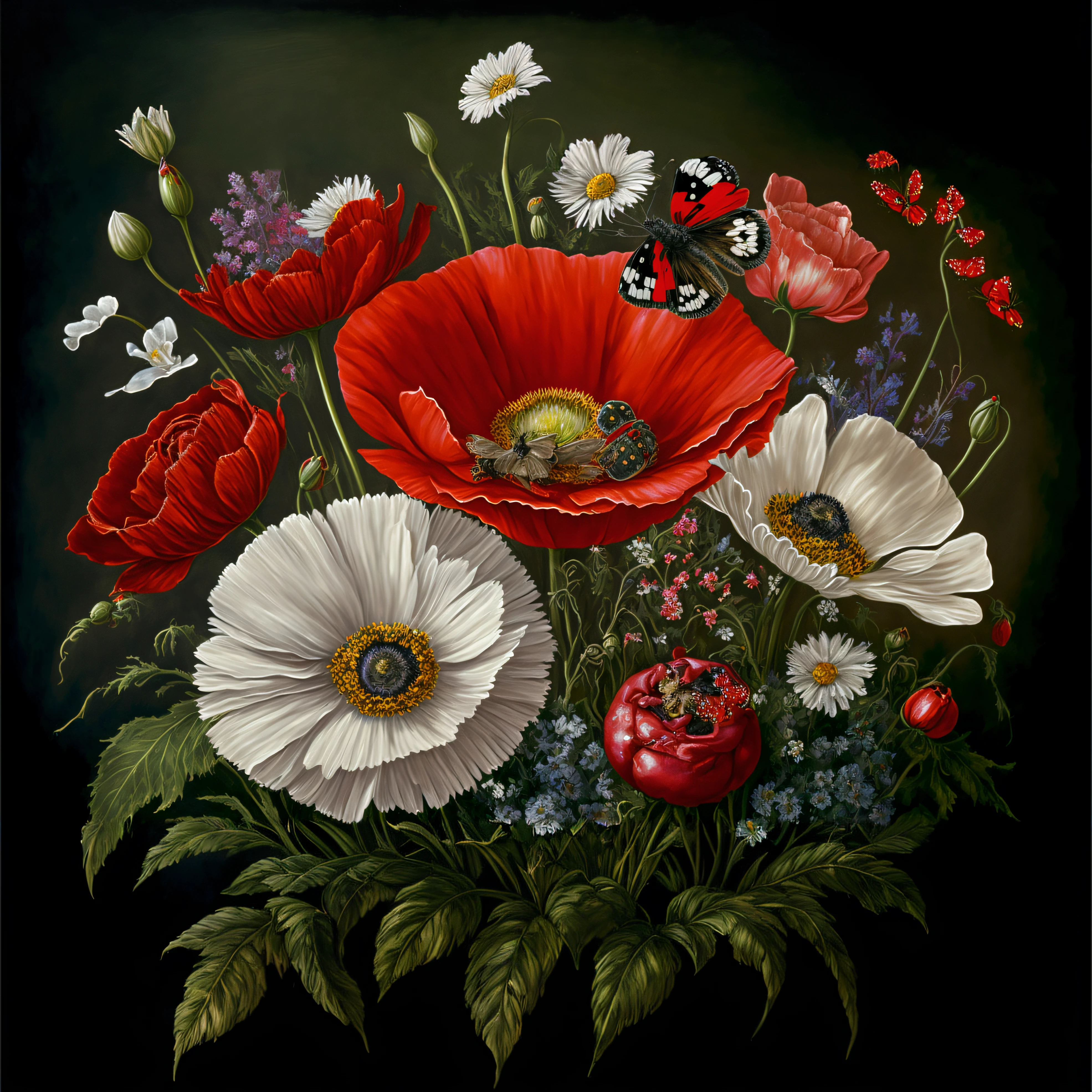 Painting of a vase of flowers with a butterfly on top, por Alison Kinnaird, Margaritas y amapolas, inspirado por Alison Kinnaird, inspirado en Balthasar van der Ast, Verano 2016, Highly detailed oil painting, inspirado por Maria Sibylla Merian, Annie Stegg Gerard, inspirado por Peter Blume