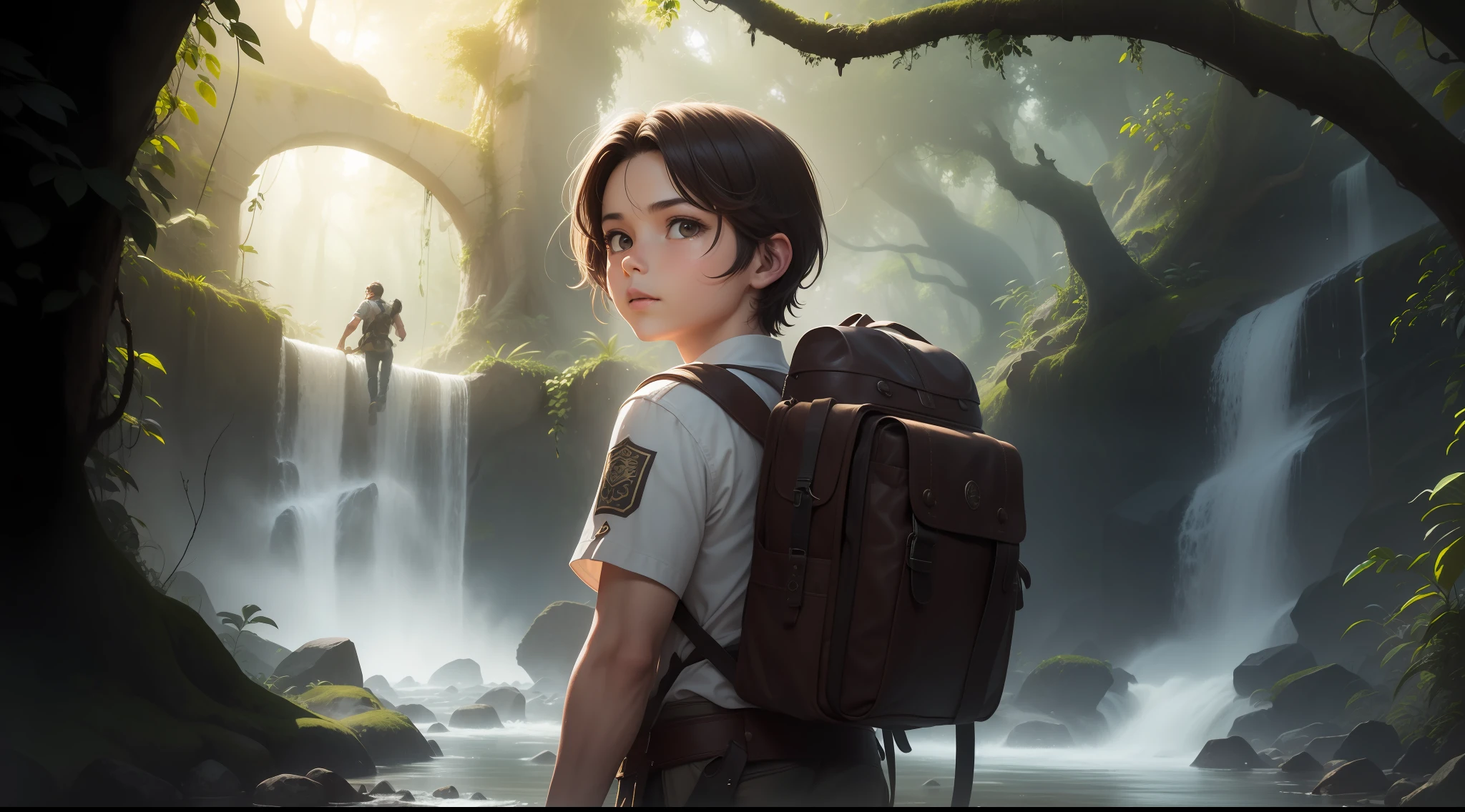 title: An intrepid explorer in a lush and mysterious jungle
Description: An intrepid explorer of athletic stature, dark hair and eyes full of determination, com um sorriso contagiante. He is in a lush and mysterious jungle, full of exotic vegetation, Towering trees and crystal clear waterfalls. Rays of sunshine filtered through the treetops create a backdrop of enchanting light and shade. O explorador navega por trilhas sinuosas com agilidade e destreza, He cuts dense bushes with his faithful knife and climbs majestic trees with agility and fearlessness. It unravels ancient ruins and long-forgotten secrets, Facing unknown dangers with bravery and intelligence. Every step of the explorer is an exciting journey to unravel the mysteries of the jungle.
Tema: Aventura
Estilo: Realista
Formato: Image
Resolution: 1920x1080
Cor: Colored
Orientation: Retrato
Fundo: Selva
Personagem: Explorador
Objetos: Faca, tree, cachoeira, debris
Share: Explorador navegando por trilhas sinuosas, cortando densos arbustos, climbing trees, Unraveling ruins, facing dangers
Emotion: Aventura, mystery, EMOTION, suspense
Ambiente: Selva exuberante e misteriosa
Tempo: Dia
Tempo: Claro
Luz: Natural
Efeitos especiais: Sem efeitos especiais
, anime style, obra prima do anime , obra prima, --Aesthetic perfection, Etalhes intrincados, perfect features, Dramatic, cinematographic lighting, Highlight lighting, SSAA, smooth rendering, noise-free