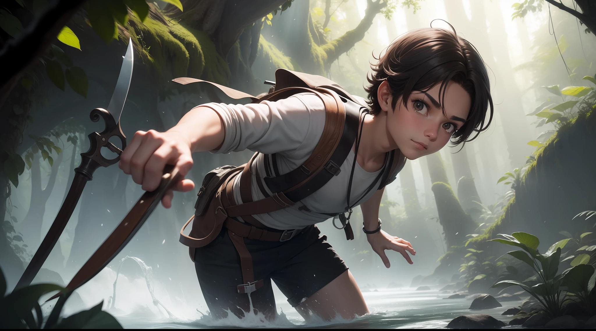 title: An intrepid explorer in a lush and mysterious jungle
Description: An intrepid explorer of athletic stature, dark hair and eyes full of determination, com um sorriso contagiante. He is in a lush and mysterious jungle, full of exotic vegetation, Towering trees and crystal clear waterfalls. Rays of sunshine filtered through the treetops create a backdrop of enchanting light and shade. O explorador navega por trilhas sinuosas com agilidade e destreza, He cuts dense bushes with his faithful knife and climbs majestic trees with agility and fearlessness. It unravels ancient ruins and long-forgotten secrets, Facing unknown dangers with bravery and intelligence. Every step of the explorer is an exciting journey to unravel the mysteries of the jungle.
Tema: Aventura
Estilo: Realista
Formato: Image
Resolution: 1920x1080
Cor: Colored
Orientation: Retrato
Fundo: Selva
Personagem: Explorador
Objetos: Faca, tree, cachoeira, debris
Share: Explorador navegando por trilhas sinuosas, cortando densos arbustos, climbing trees, Unraveling ruins, facing dangers
Emotion: Aventura, mystery, EMOTION, suspense
Ambiente: Selva exuberante e misteriosa
Tempo: Dia
Tempo: Claro
Luz: Natural
Efeitos especiais: Sem efeitos especiais
, anime style, obra prima do anime , obra prima, --Aesthetic perfection, Etalhes intrincados, perfect features, Dramatic, cinematographic lighting, Highlight lighting, SSAA, smooth rendering, noise-free