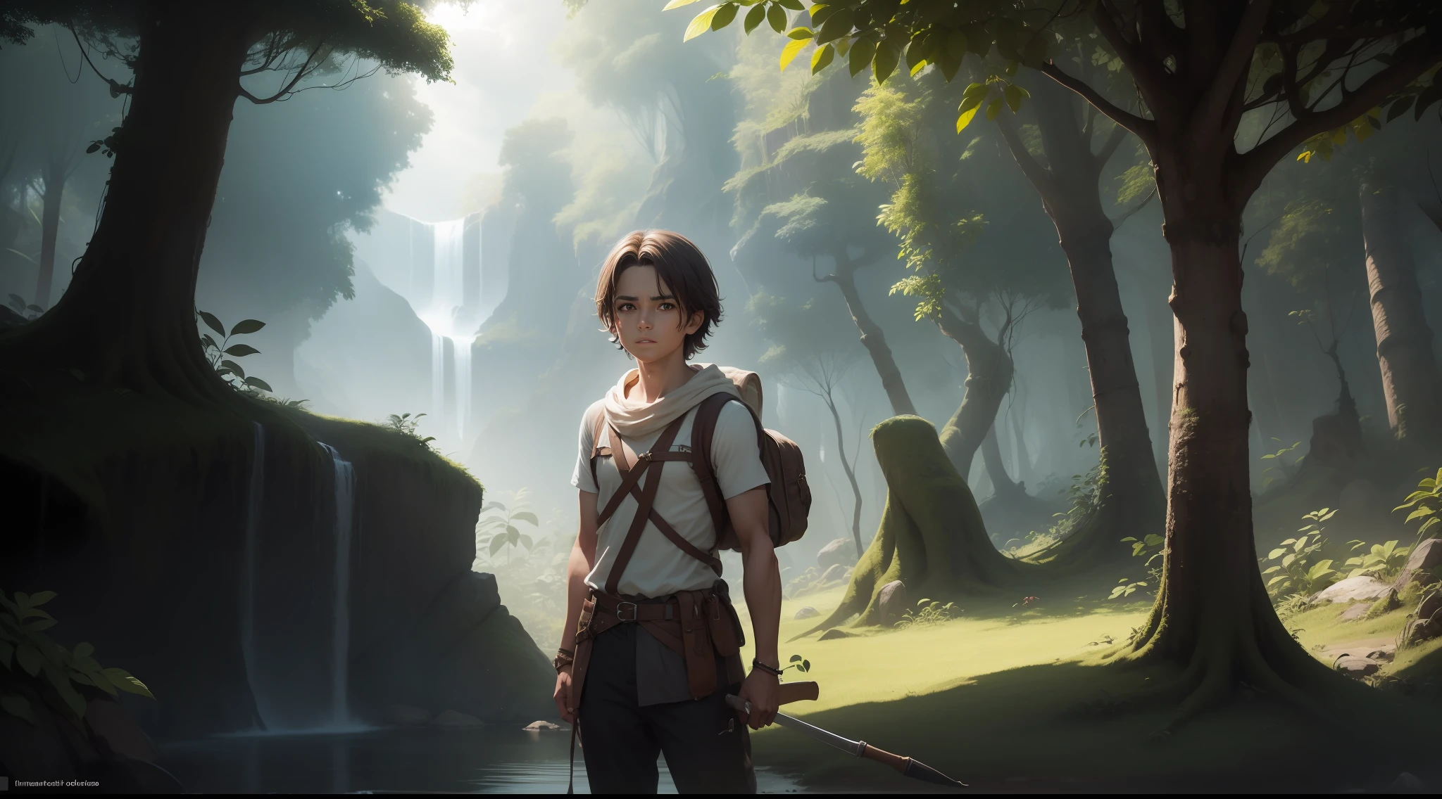 title: An intrepid explorer in a lush and mysterious jungle
    Description: An intrepid explorer of athletic stature, dark hair and eyes full of determination, com um sorriso contagiante. He is in a lush and mysterious jungle, full of exotic vegetation, Towering trees and crystal clear waterfalls. Rays of sunshine filtered through the treetops create a backdrop of enchanting light and shade. O explorador navega por trilhas sinuosas com agilidade e destreza, He cuts dense bushes with his faithful knife and climbs majestic trees with agility and fearlessness. It unravels ancient ruins and long-forgotten secrets, Facing unknown dangers with bravery and intelligence. Every step of the explorer is an exciting journey to unravel the mysteries of the jungle.
    Tema: Aventura
    Estilo: Realista
    Formato: Image
    Resolution: 1920x1080
    Cor: Colored
    Orientation: Retrato
    Fundo: Selva
    Personagem: Explorador
    Objetos: Faca, tree, cachoeira, debris
    Share: Explorador navegando por trilhas sinuosas, cortando densos arbustos, climbing trees, Unraveling ruins, facing dangers
    Emotion: Aventura, mystery, EMOTION, suspense
    Ambiente: Selva exuberante e misteriosa
    Tempo: Dia
    Tempo: Claro
    Luz: Natural
    Efeitos especiais: Sem efeitos especiais
, anime style, obra prima do anime , obra prima, --Aesthetic perfection, Etalhes intrincados, perfect features, Dramatic, cinematographic lighting, Highlight lighting, SSAA, smooth rendering, noise-free