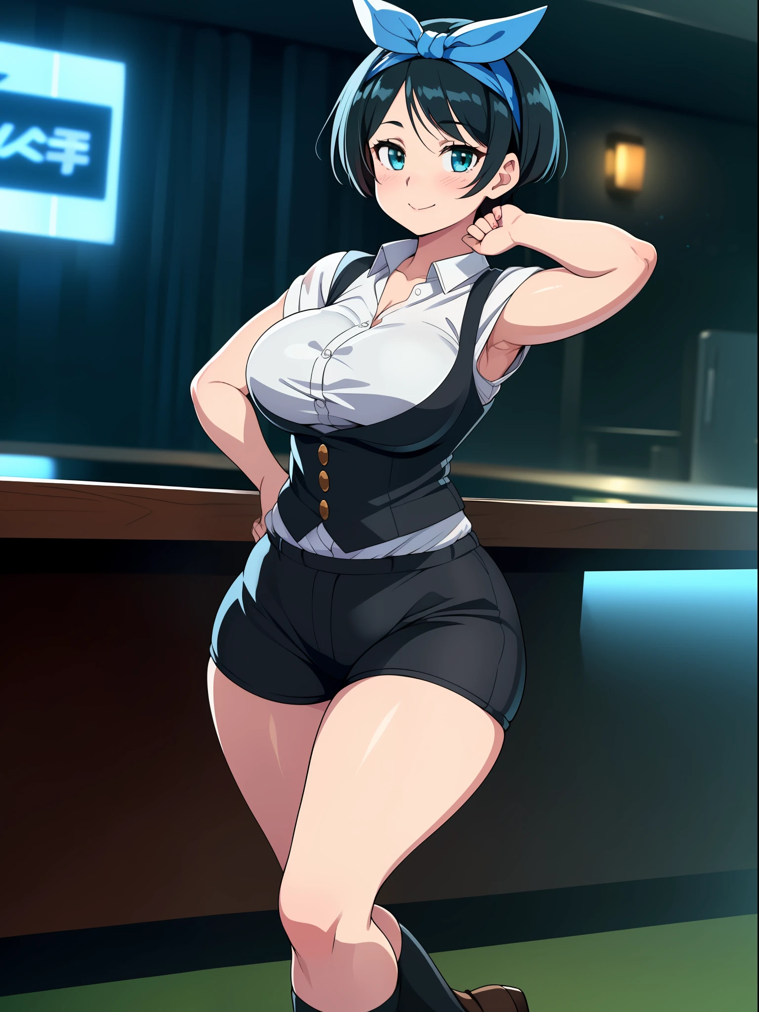 ((((kipteitei art)))), ((highres)),Masterpiece, high quality, best quality, beautiful, perfect lighting, detailed face, ultra cute face, ((1girl)), ((solo), ((((sarashina ruka)))), ((blue hairband)), dress shirt, black vest, black pants, work uniform, (tight pants), black socks, loafers, looking at viewer, cowboy shot, sexy pose, sweet smile, cute, happy, blush, large breasts, perky breasts, ((wide hips)), ((thick thighs)), thicc, working at movie theater,