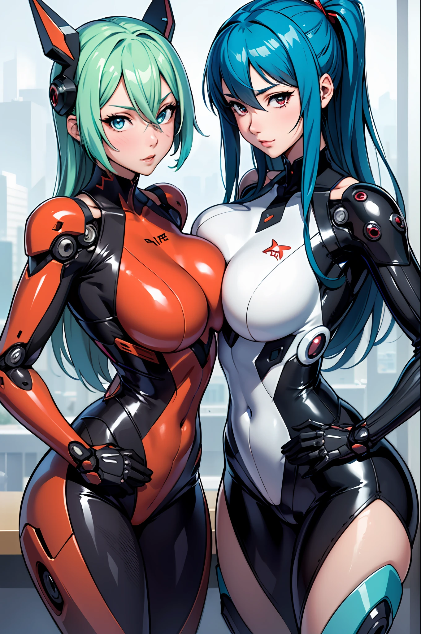 Two anime girls in latex posing for photos, biomechanical oppai, an oppai cyberpunk, Chic, vermillion and cyan, red and cyan, Anime Girls, oppai, cutesexyrobutts, oppai proportions, two beautiful anime girls, Ecchi anime style, Ecchi style,