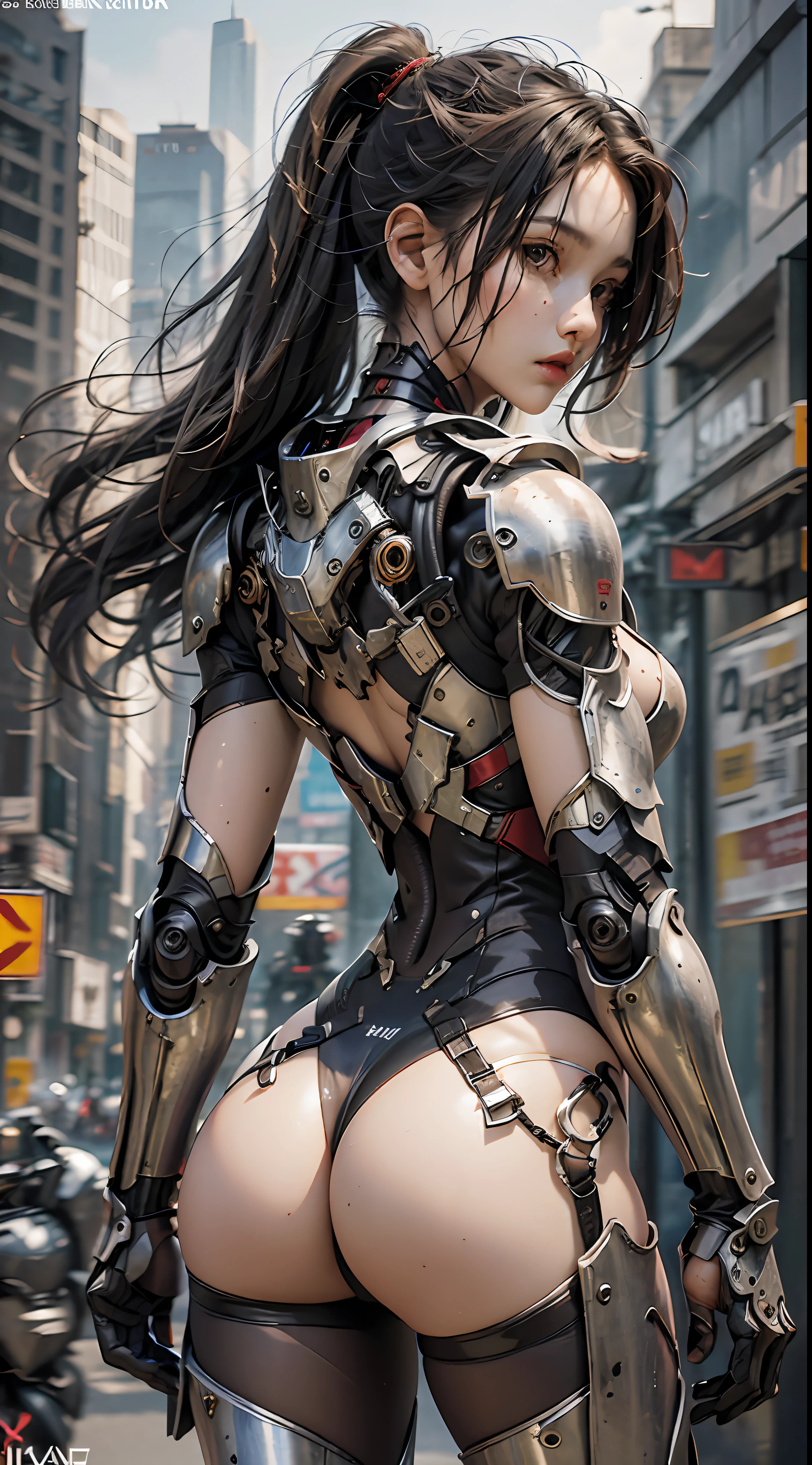 (Masterpiece), (Best quality), Photorealism, Realistic, Ultra detailed, Perfect face, Perfect body, 1girll, Beautiful girl, Girl in red armor, Mechanical armor, exoskeleton, Stand, Cool pose, Sexy, Watching from behind