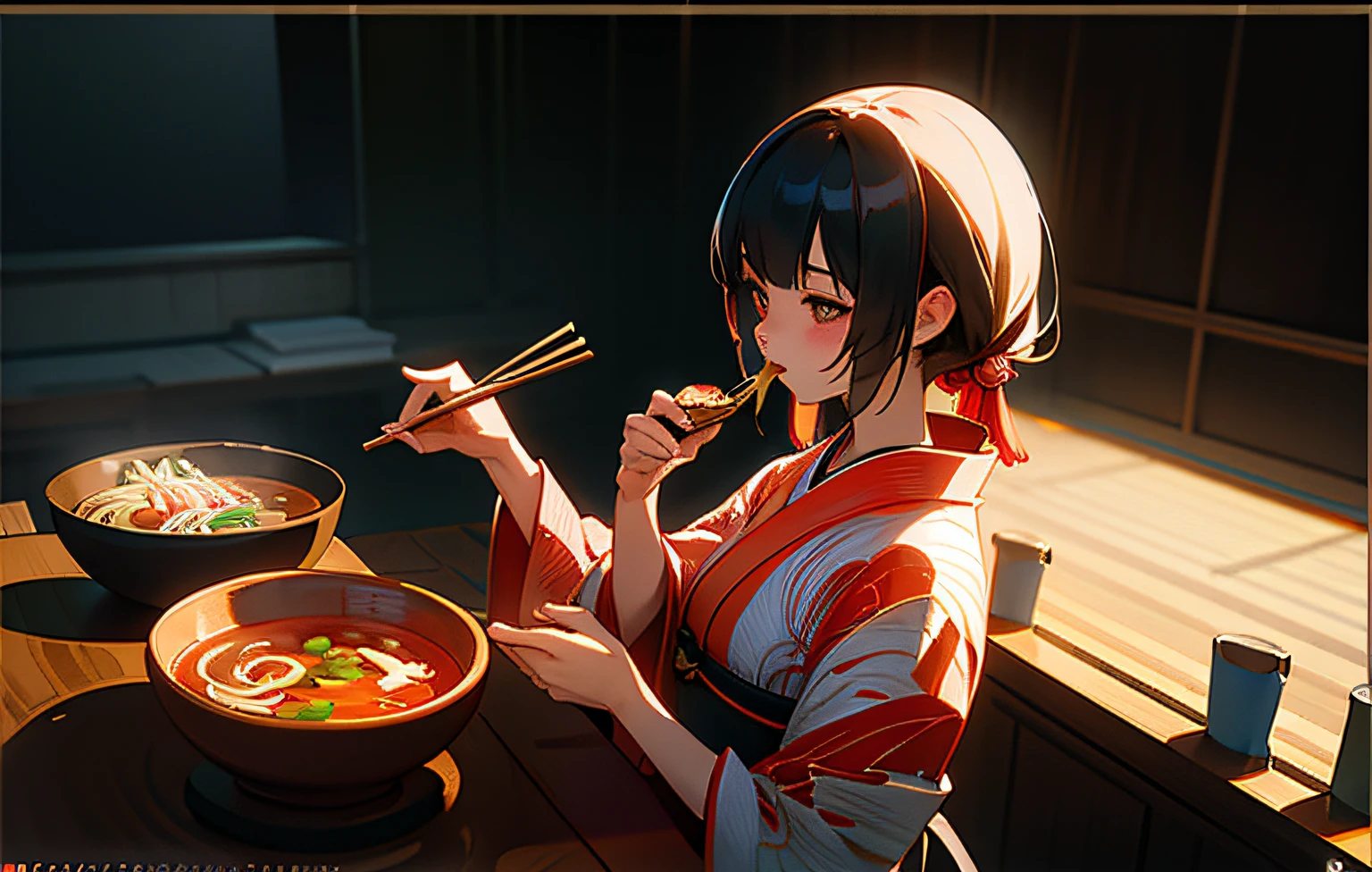 A woman in a kimono eats from a bowl with chopsticks, Guviz-style artwork, eating ramen noodles, Eating noodles, Guviz, Realistic anime 3 D style, style of anime4 K, drawn in anime painter studio, Guweiz in Pixiv ArtStation, made with anime painter studio, anime realism style, Guweiz on ArtStation Pixiv